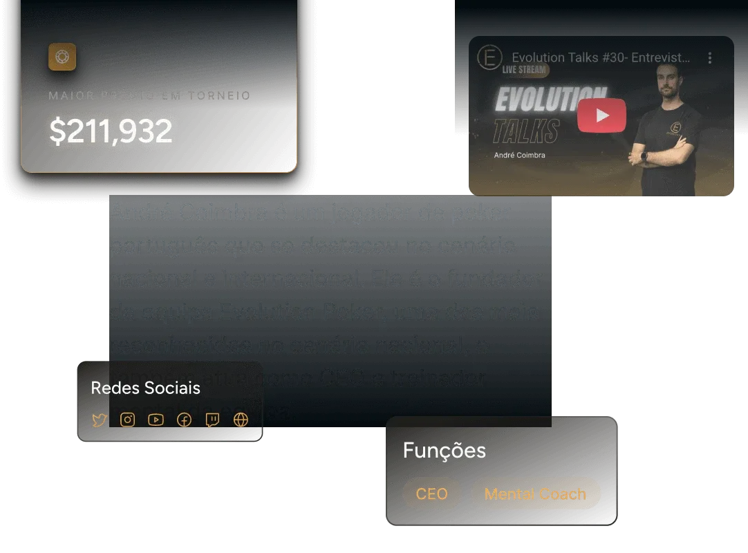 André Coimbra's biography page: his biggest tournament prize ($211,932), a video, social links and roles