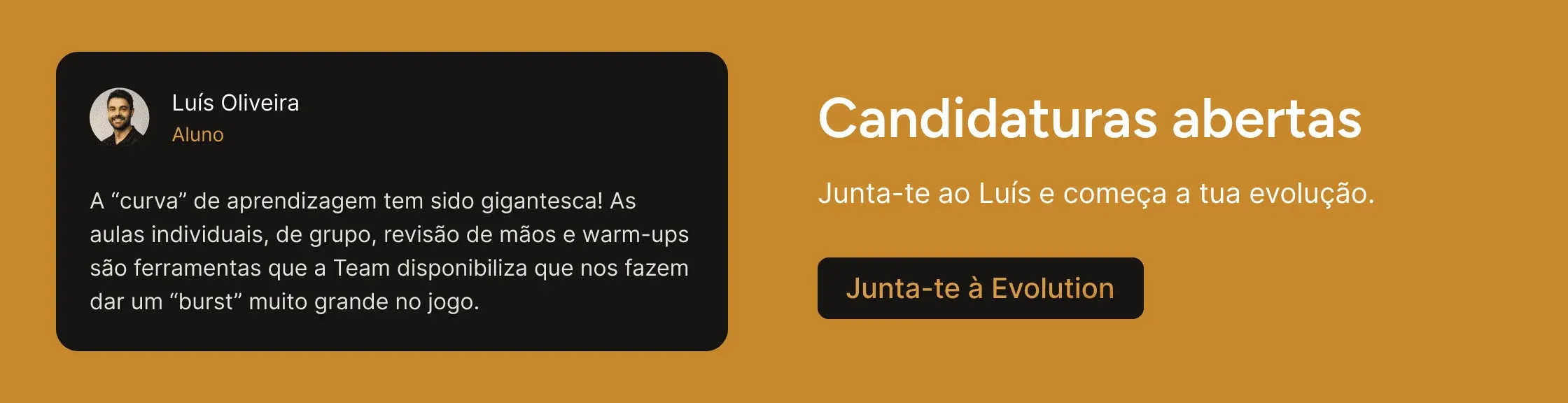 Applications section after the redesign, "Candidaturas abertas", next to a student testimonial from Luís Oliveira