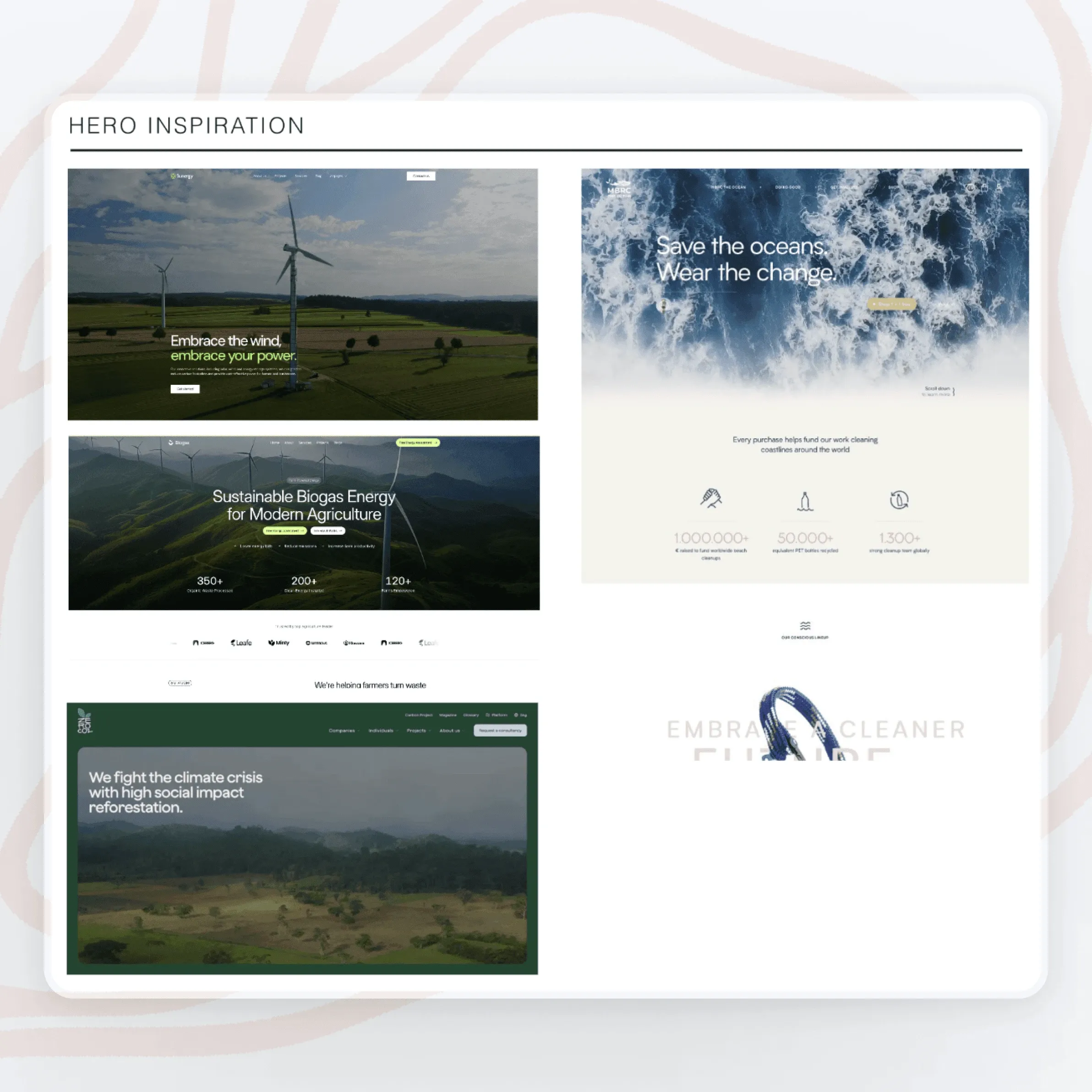 Moodboard titled "Hero inspiration" with the hero sections of four reference websites about wind energy, biogas, reforestation and ocean cleanup