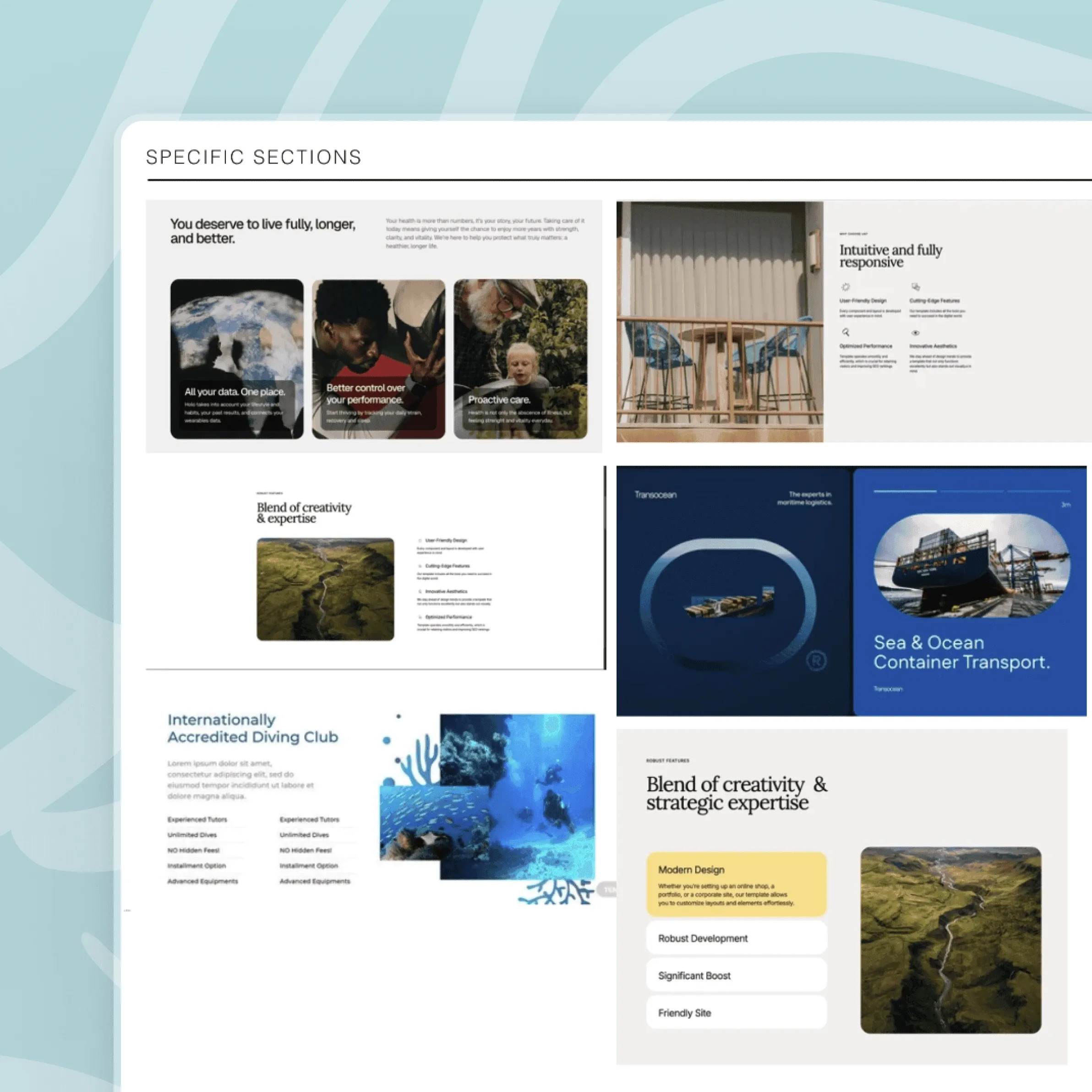 Moodboard titled "Specific sections" with six section layouts from reference websites, combining photography, feature lists and cards