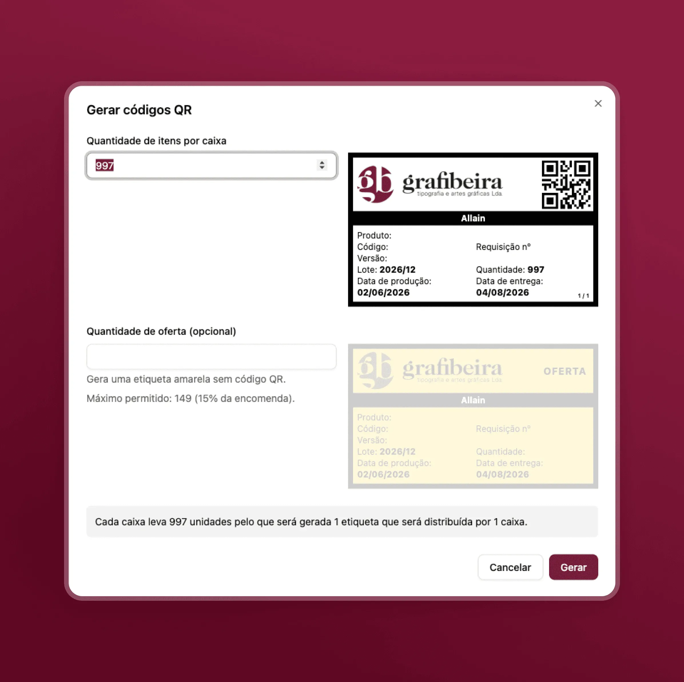 Dialog for generating QR codes, with the number of items per box and a preview of the Grafibeira shipping label