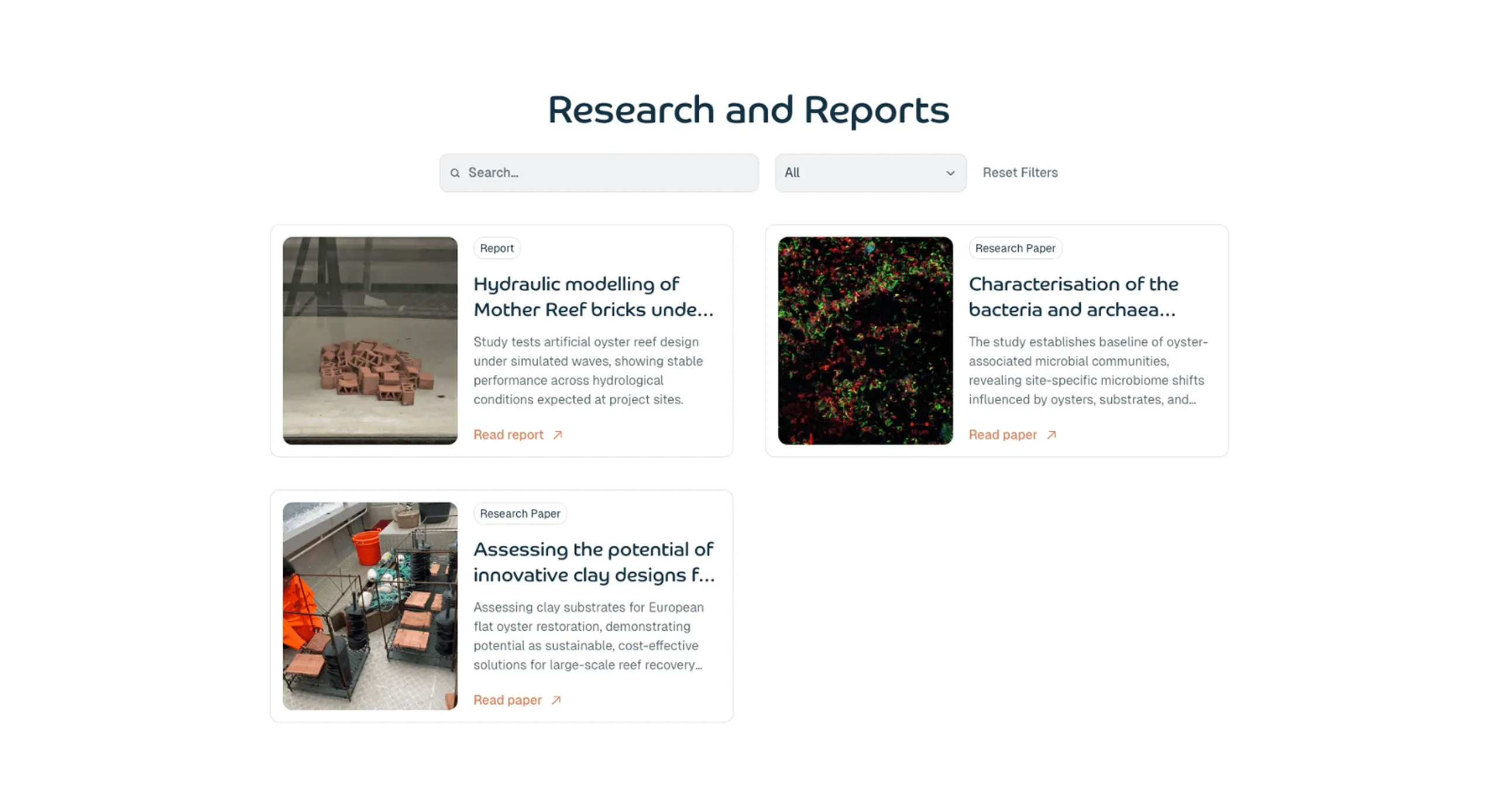 The redesigned "Research and Reports" page: a search field, a type filter and cards with a photo, label, title, summary and a link to the paper