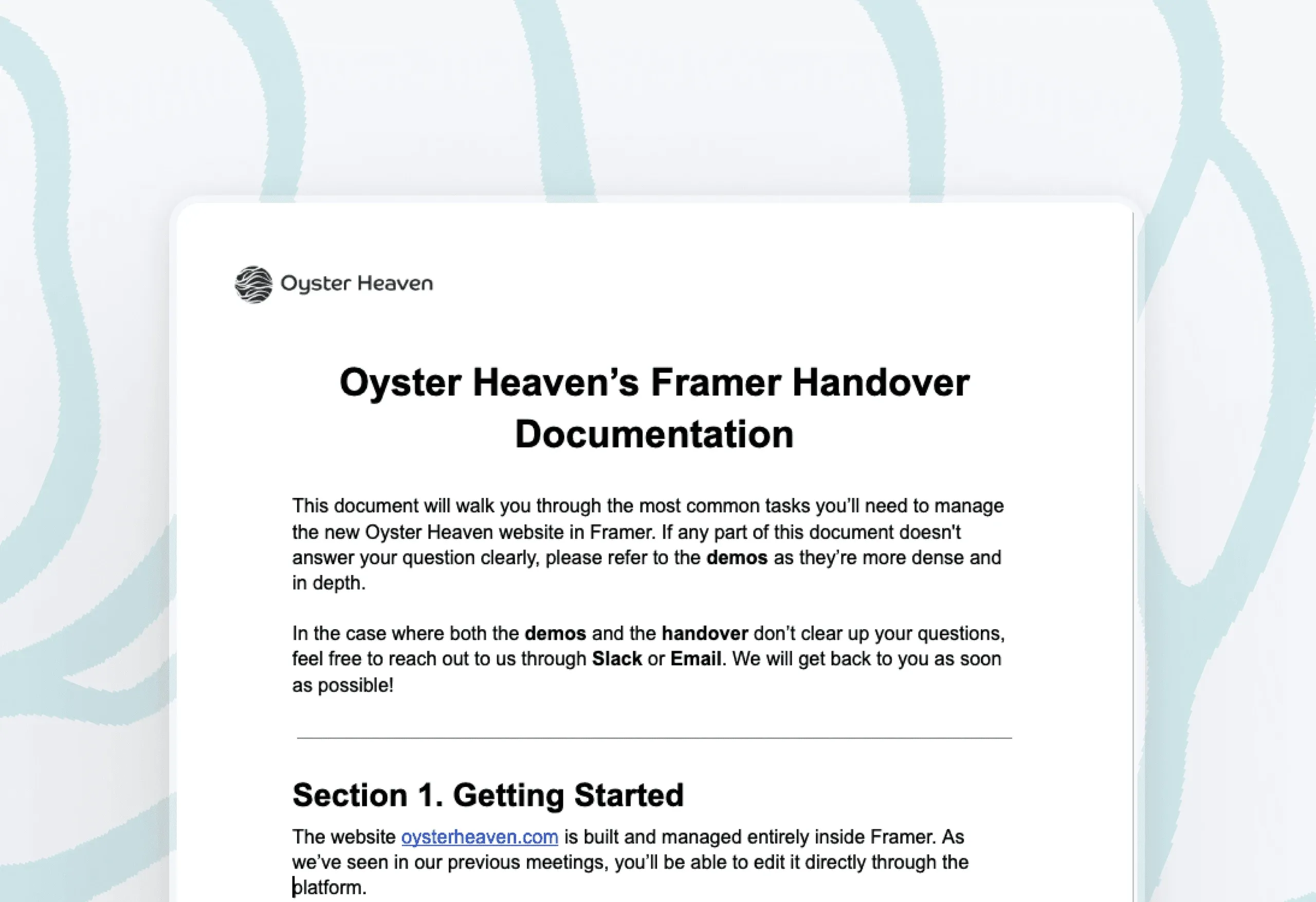 First page of Oyster Heaven's Framer handover documentation, with its introduction and "Section 1. Getting Started"