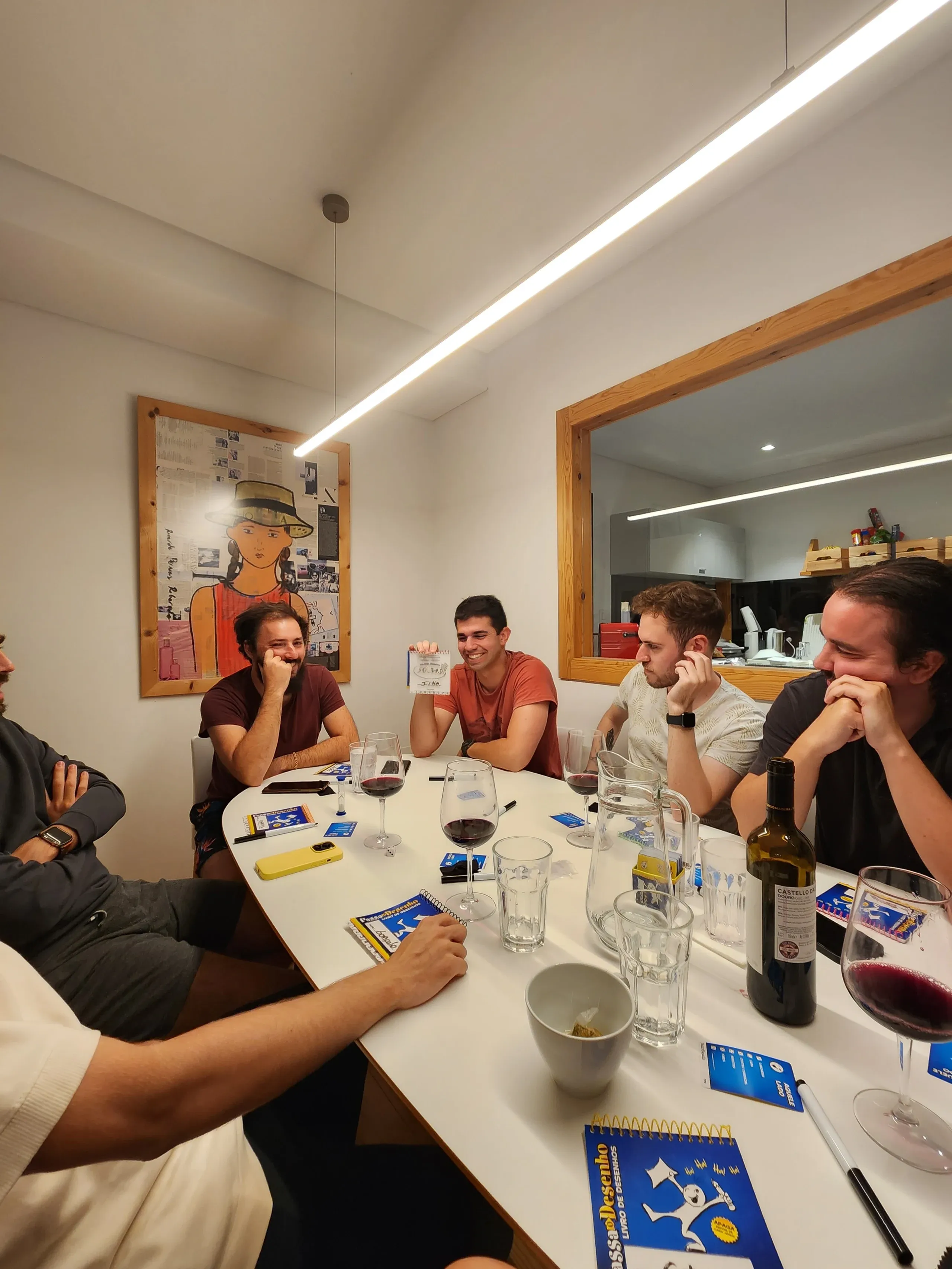 Concealed team members playing a game of pictionary together with one member holding up their drawing.