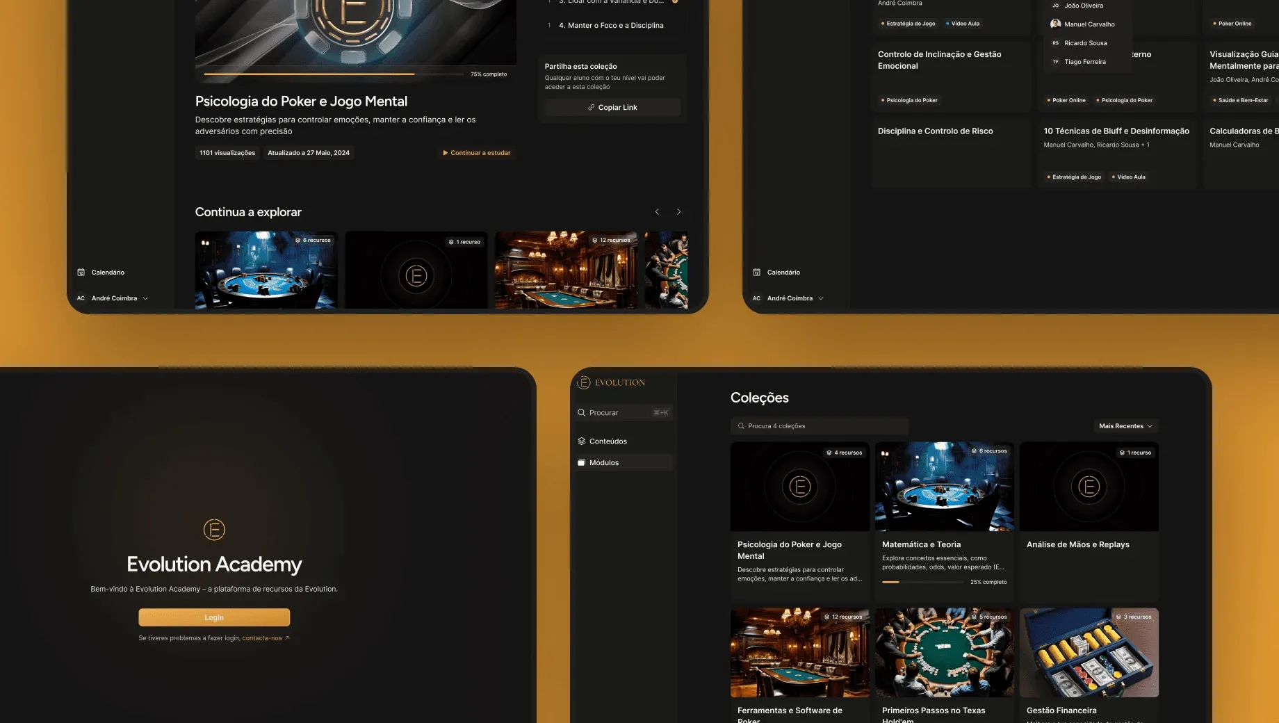 Evolution Academy app showing poker psychology courses, sign-in page, and strategy and analysis sections.