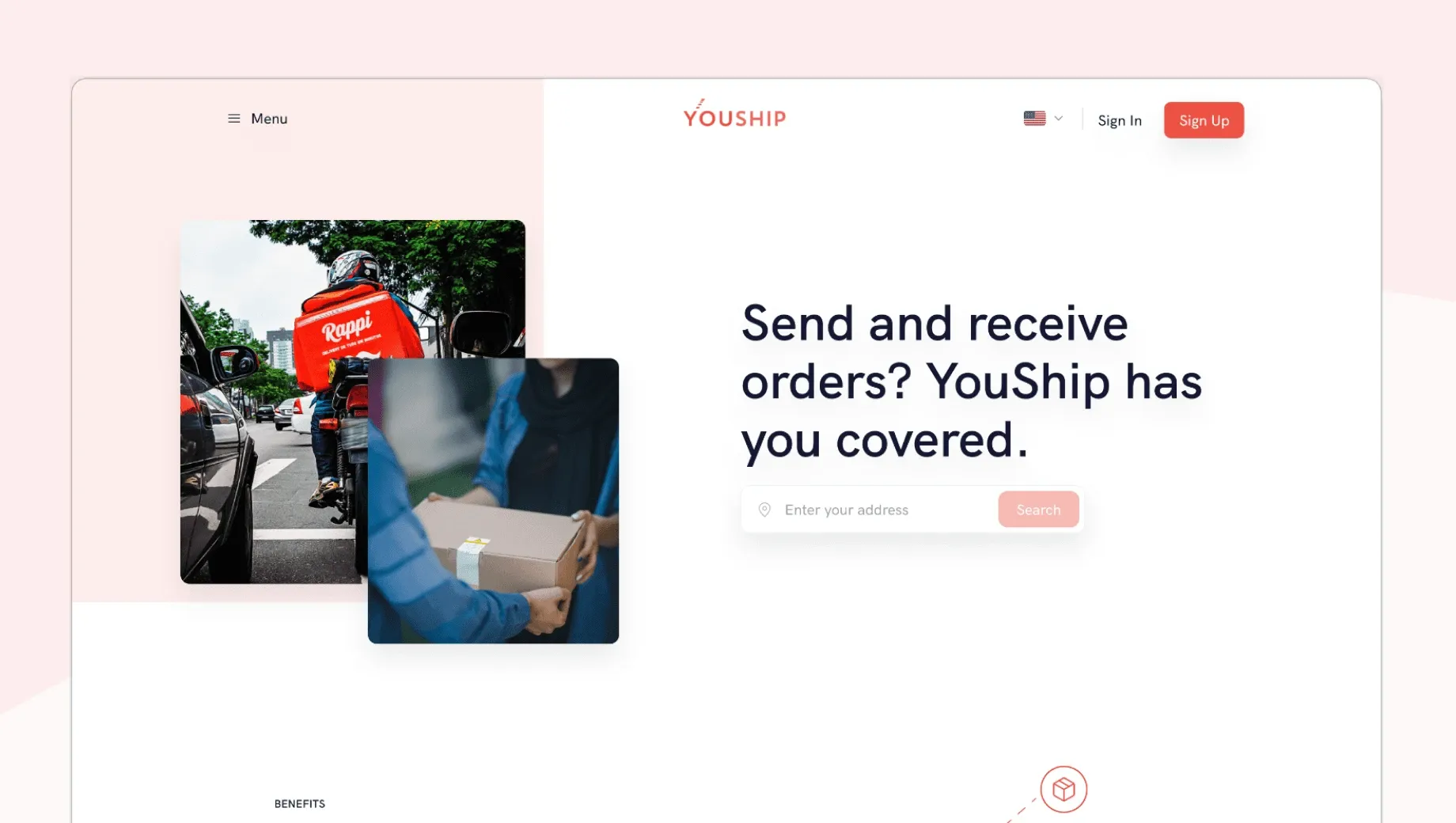 Youship website showing Rappi delivery person on scooter, recipient receiving package, and text "Send and receive orders? YouShip has you covered.".