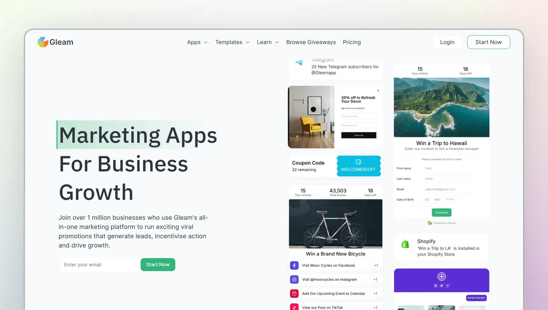 Gleam website homepage showcasing app integration options and examples of giveaways.