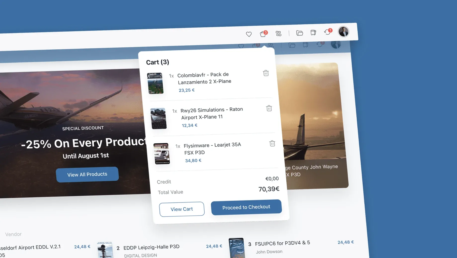 SimMarket desktop app dashboard showing -25% discount on flight sim products, cart with three items (€70.39), and checkout options.