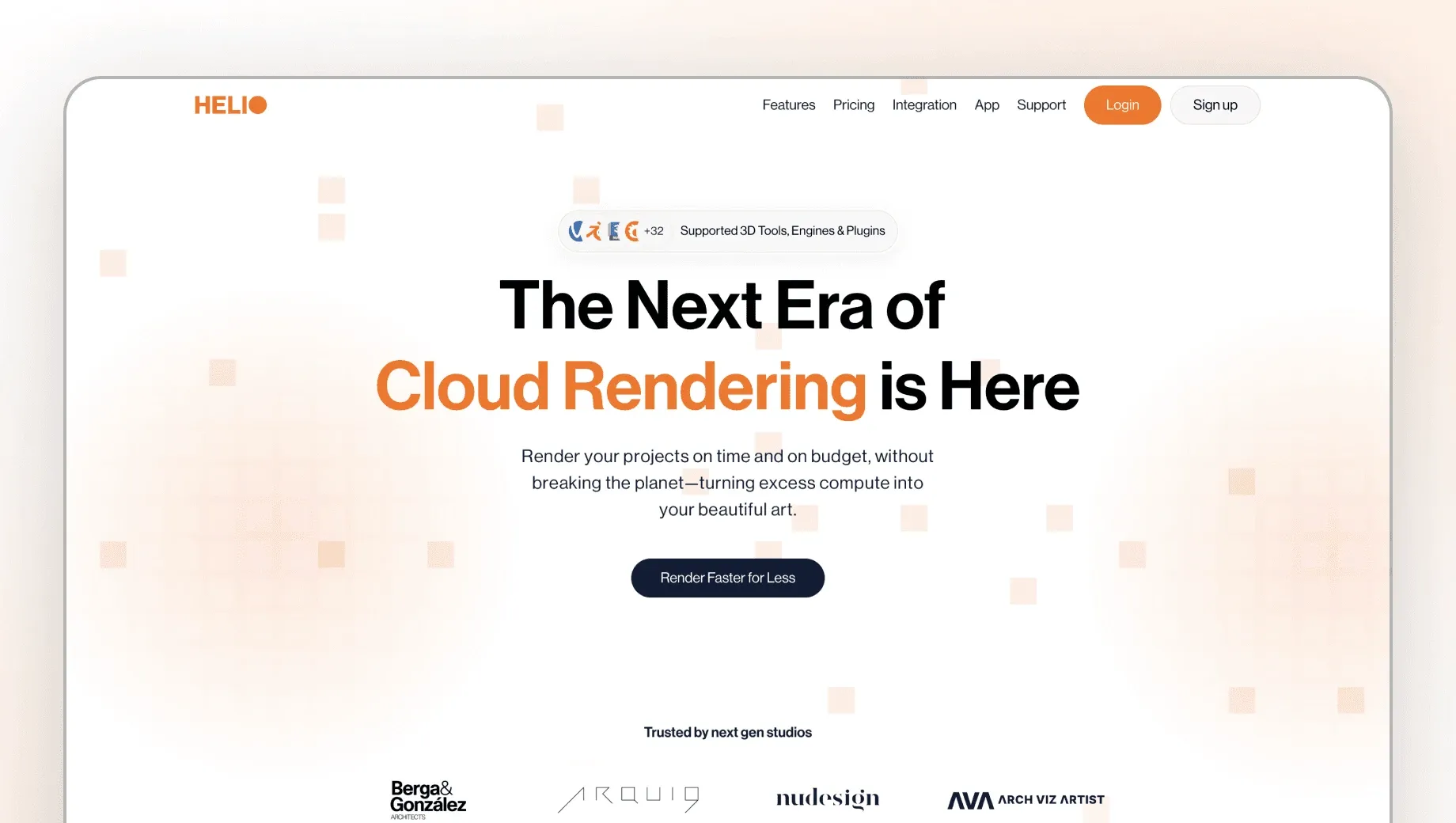 Helio Render website homepage showing tagline "The Next Era of Cloud Rendering is Here", a "Render Faster for Less" button, and client logos.