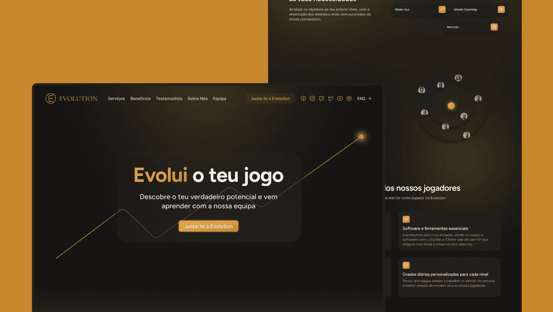 Dark-themed Evolution Poker website with Portuguese text "Evolui o teu jogo," a join button, navigation menu and circular diagram.