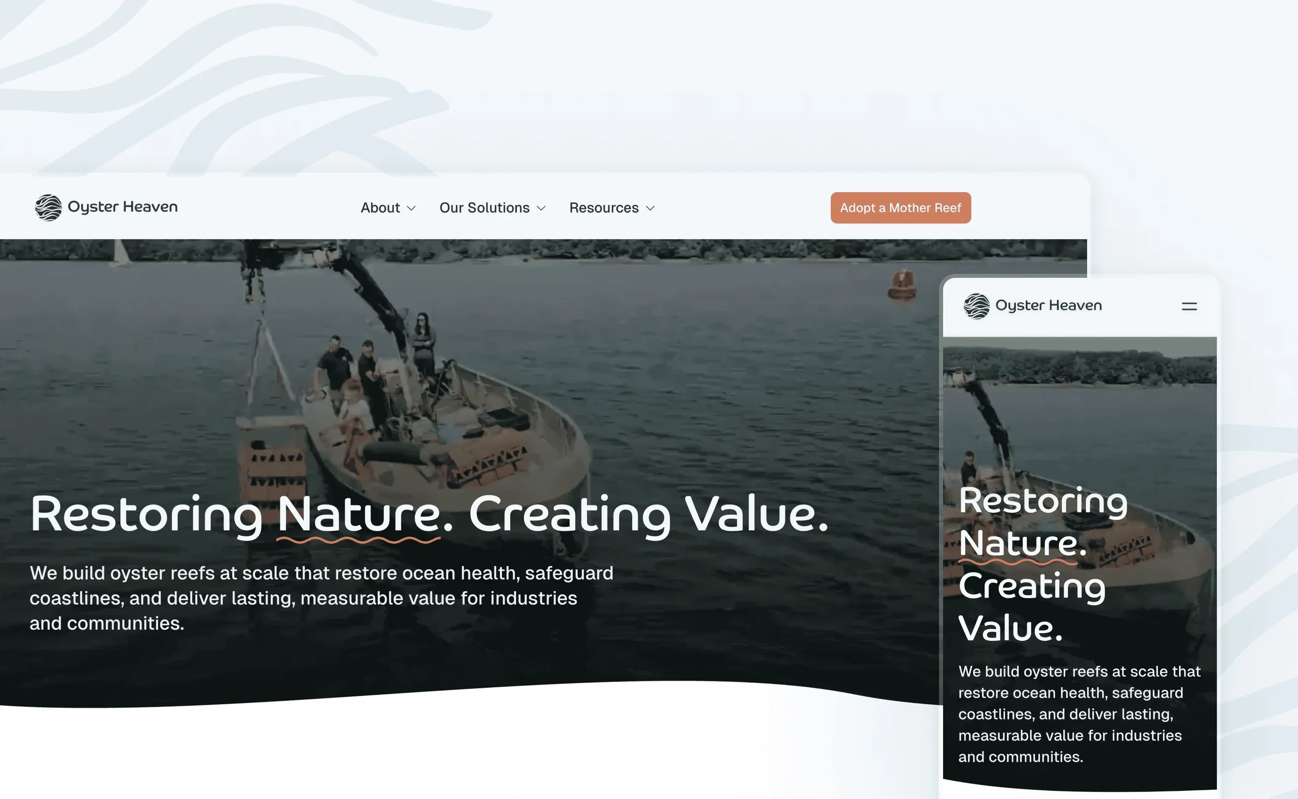 Redesigned Oyster Heaven homepage on desktop and mobile, with the headline "Restoring Nature. Creating Value." over a photo of a boat at sea