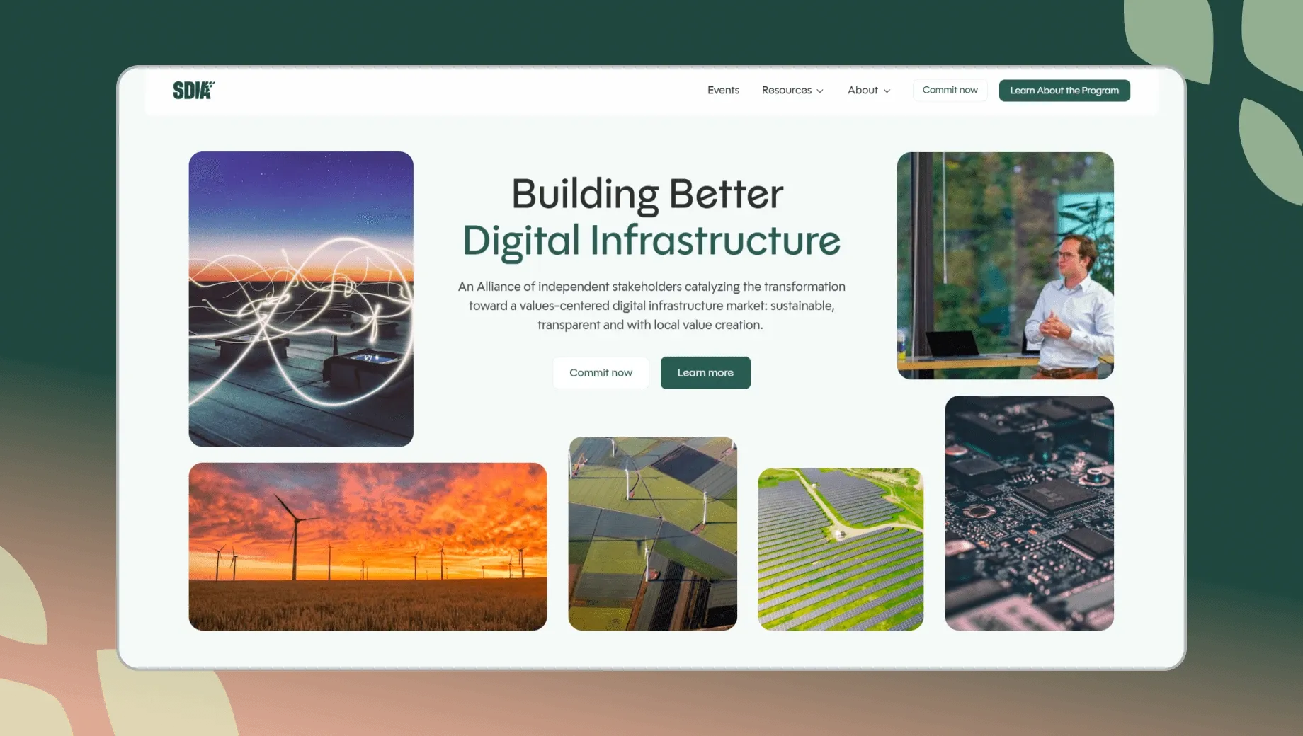 SDIA webpage with text "Building Better Digital Infrastructure," images of turbines, solar panels, and a speaker, plus info buttons.