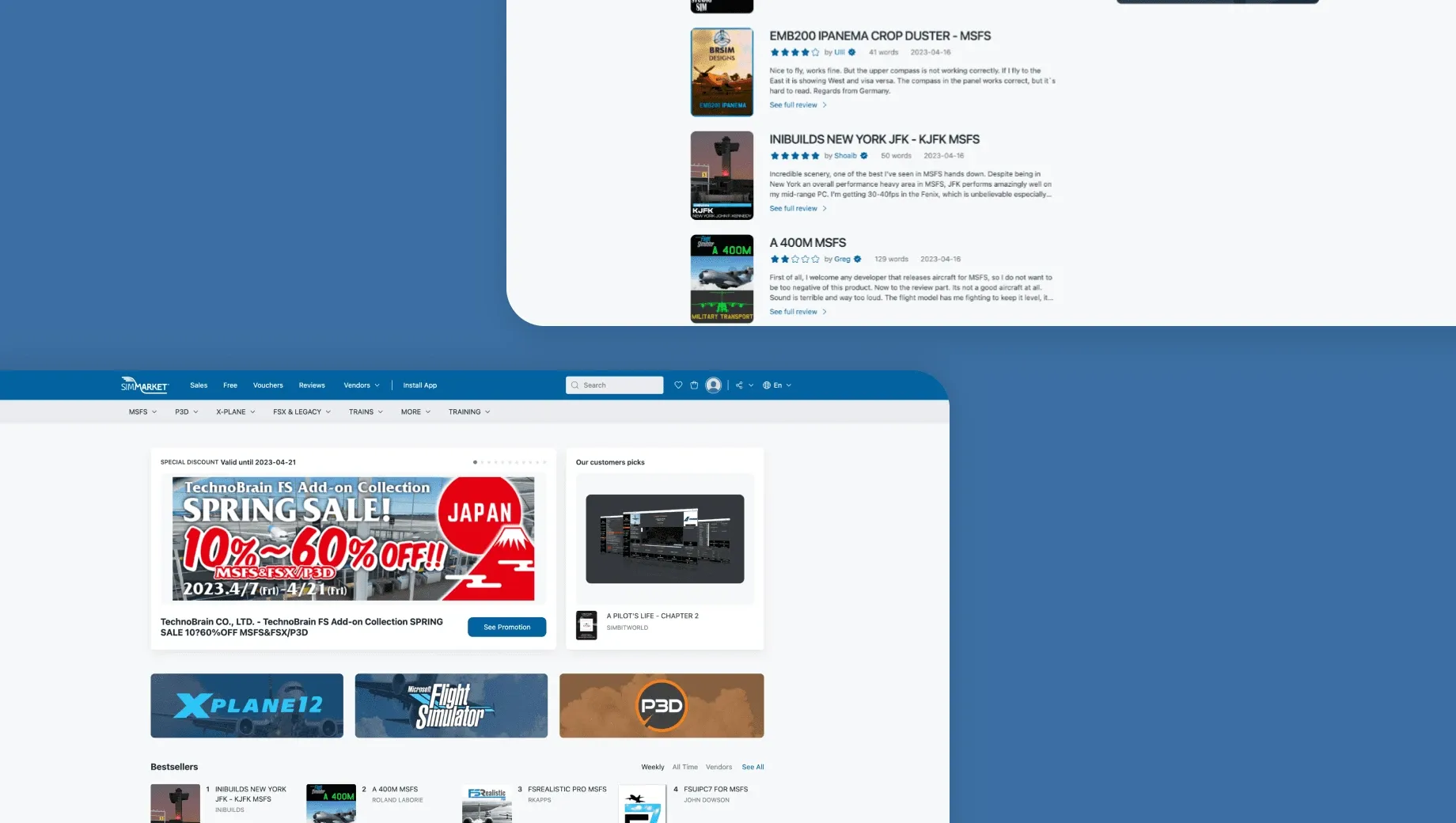 simMarket website showing flight sim products with reviews, spring sale banner, customer video, and X-Plane 12/P3D logos.