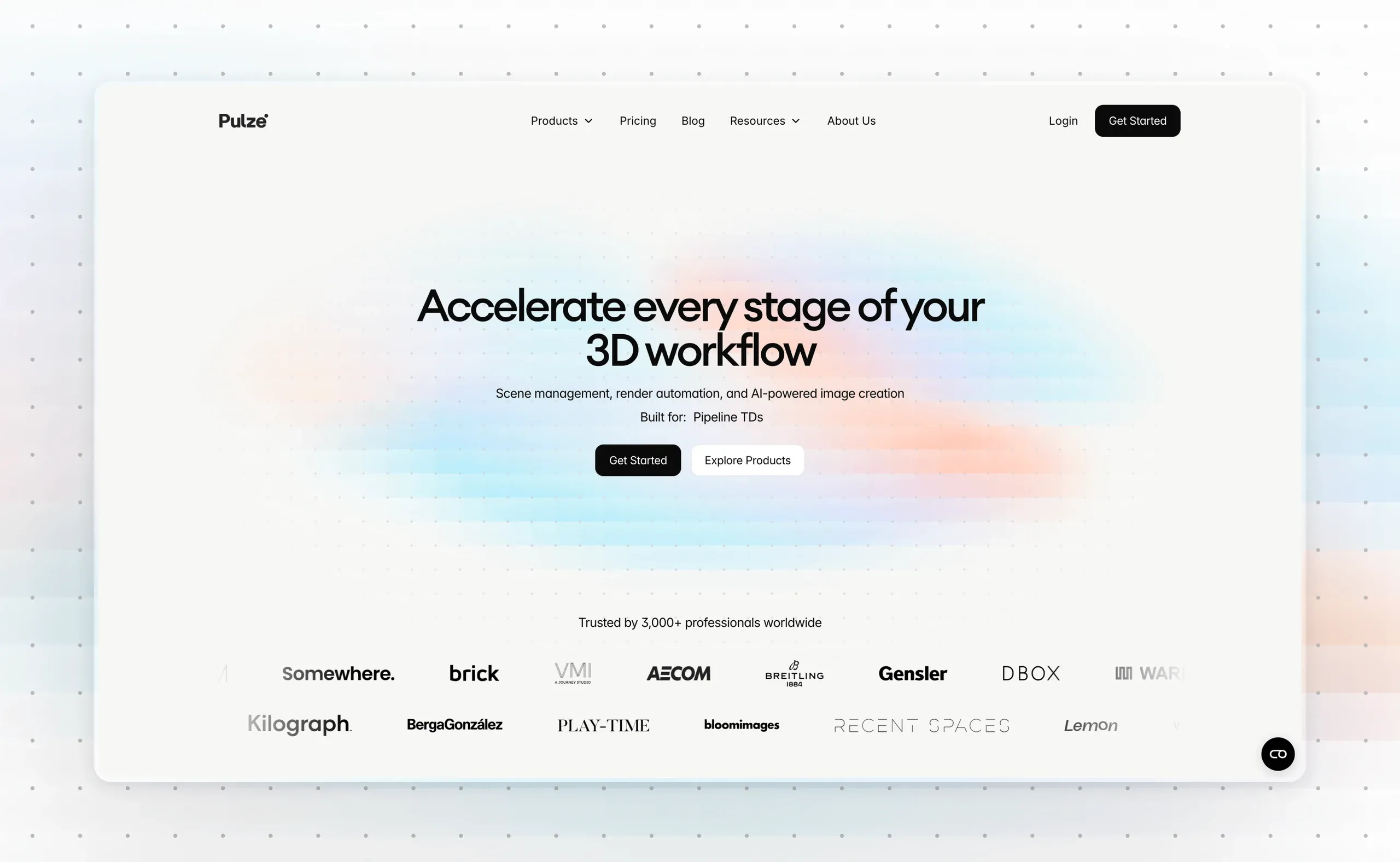 Pulze homepage hero in the new Framer design, with the headline "Accelerate every stage of your 3D workflow" above a row of client logos