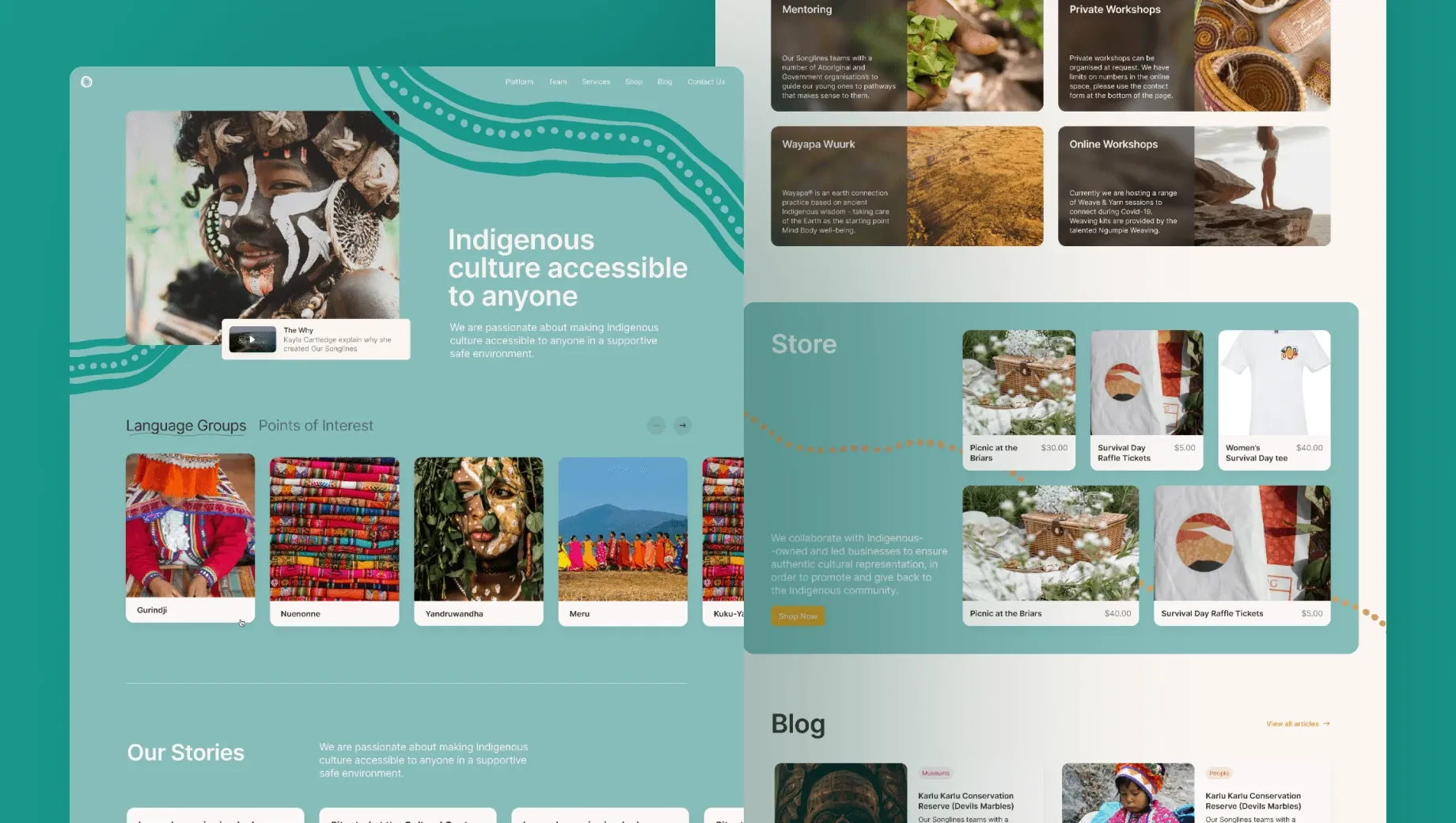 OurSonglines website with vibrant imagery of Indigenous culture, masked figure, textiles, workshops, and store section in an inviting tone.