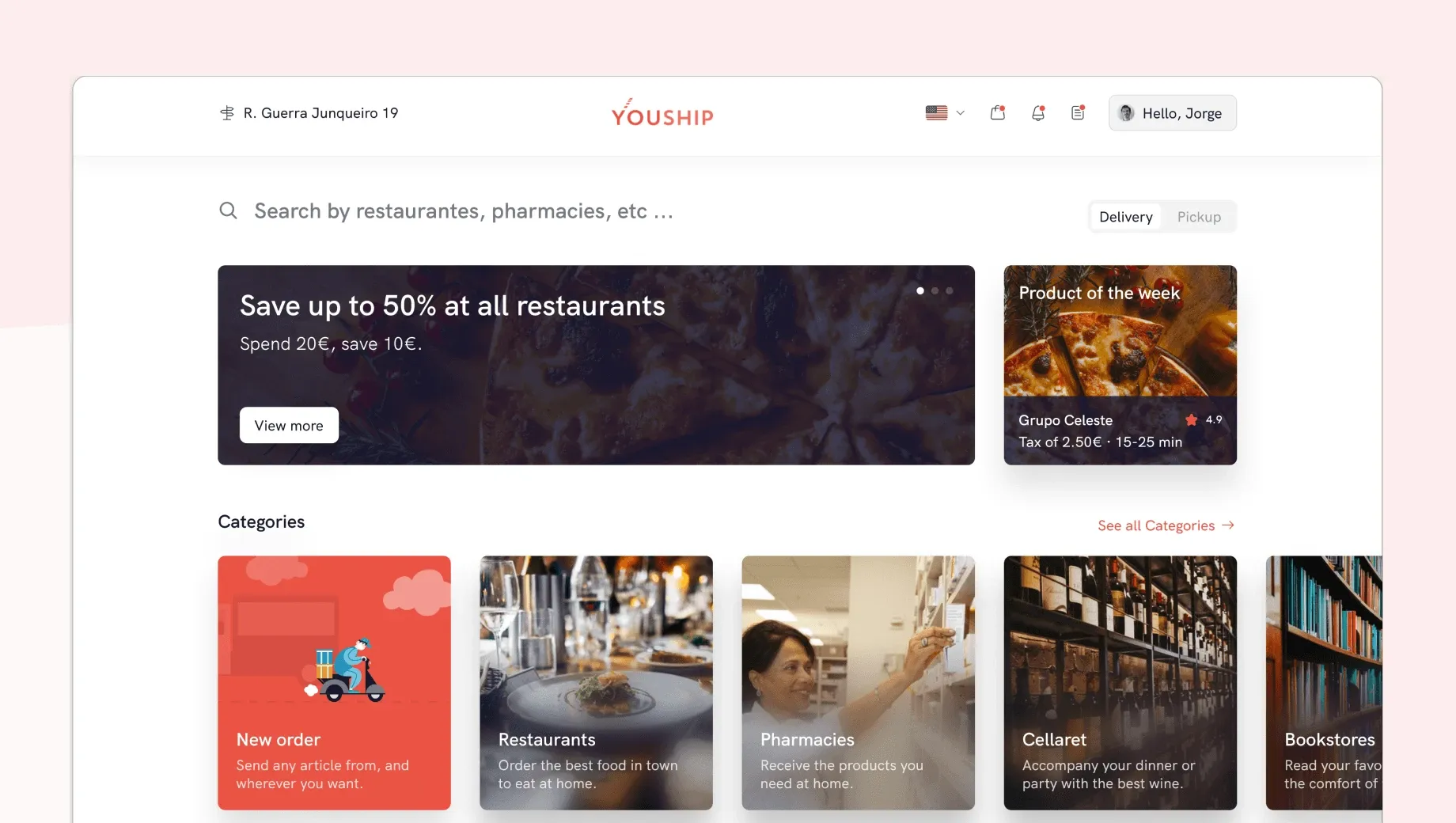 Youship web app interface with search bar, restaurant discount banner, and category icons for orders, pharmacies, cellars, and bookstores.
