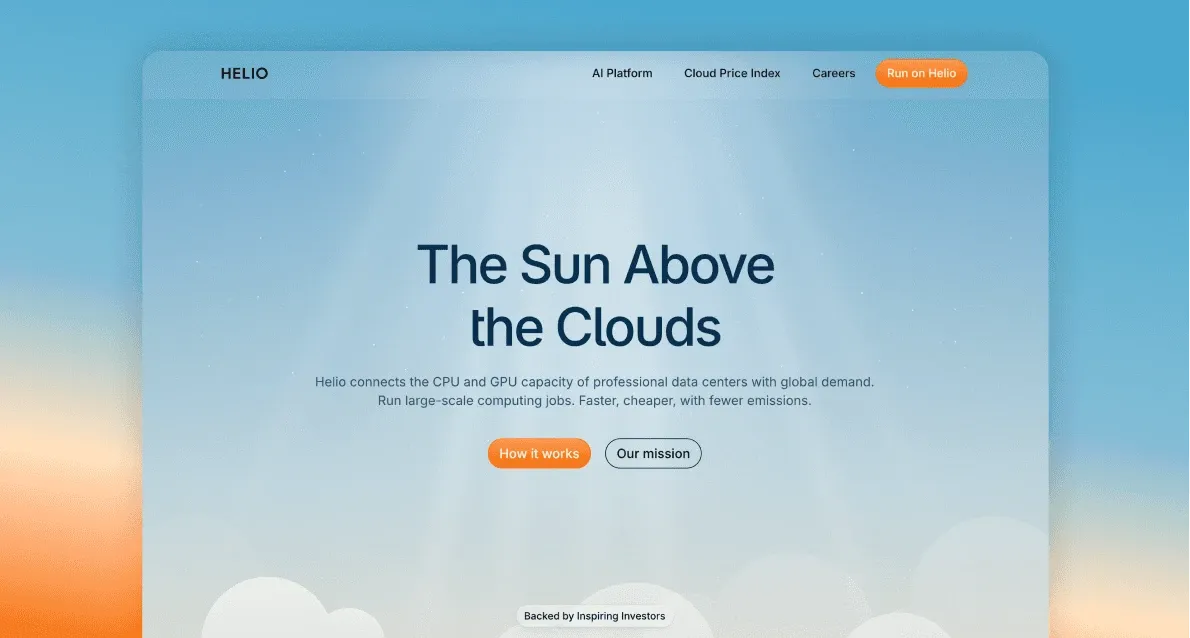 Helio Cloud website homepage with "The sun above the clouds" as central text. It has two buttons labeled "How it works" and "Our mission" and logos of supporting investors.