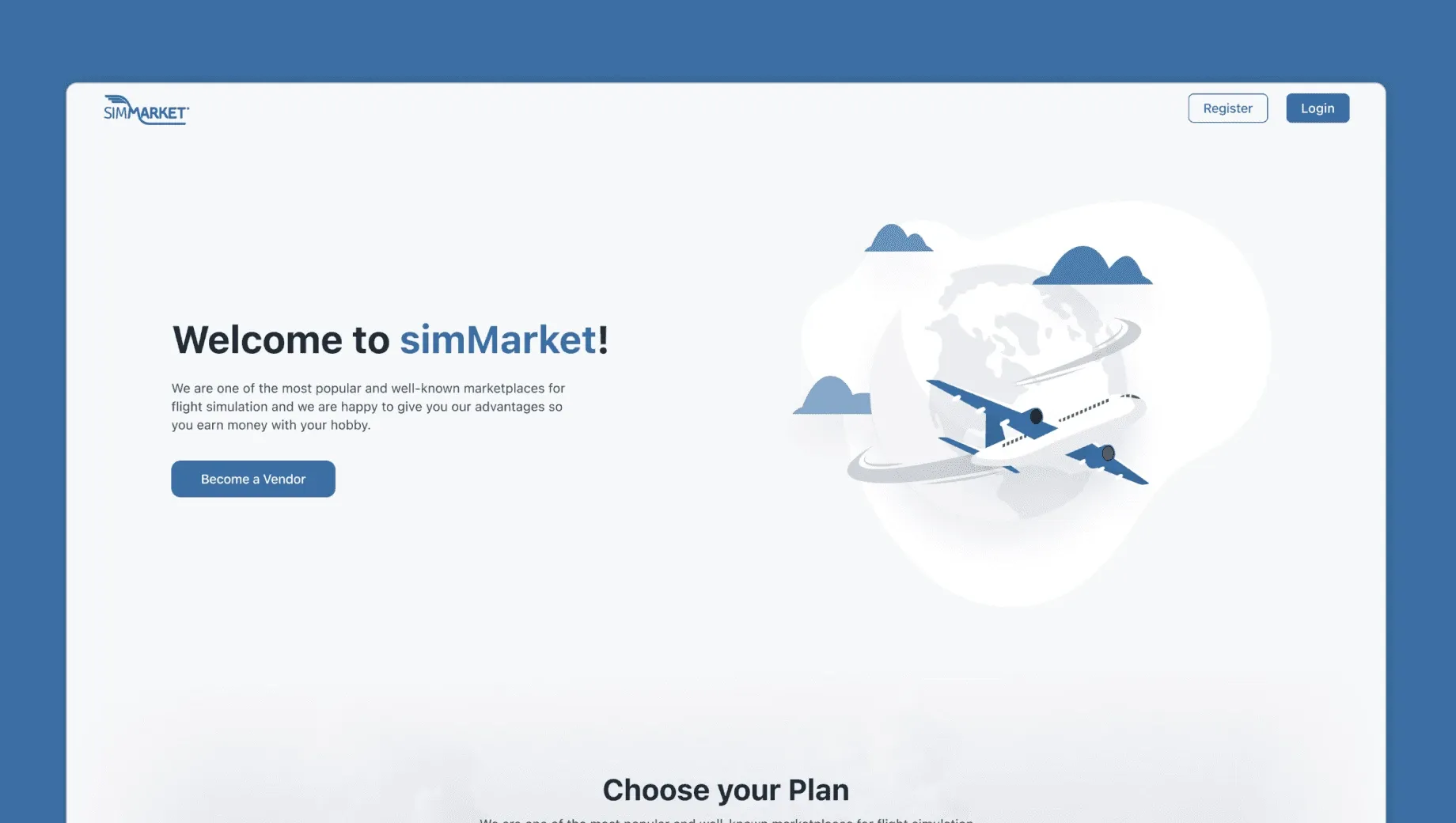 SimMarket vendors platform homepage showing a plane circling a globe with register, login, and become vendor buttons in a modern design.