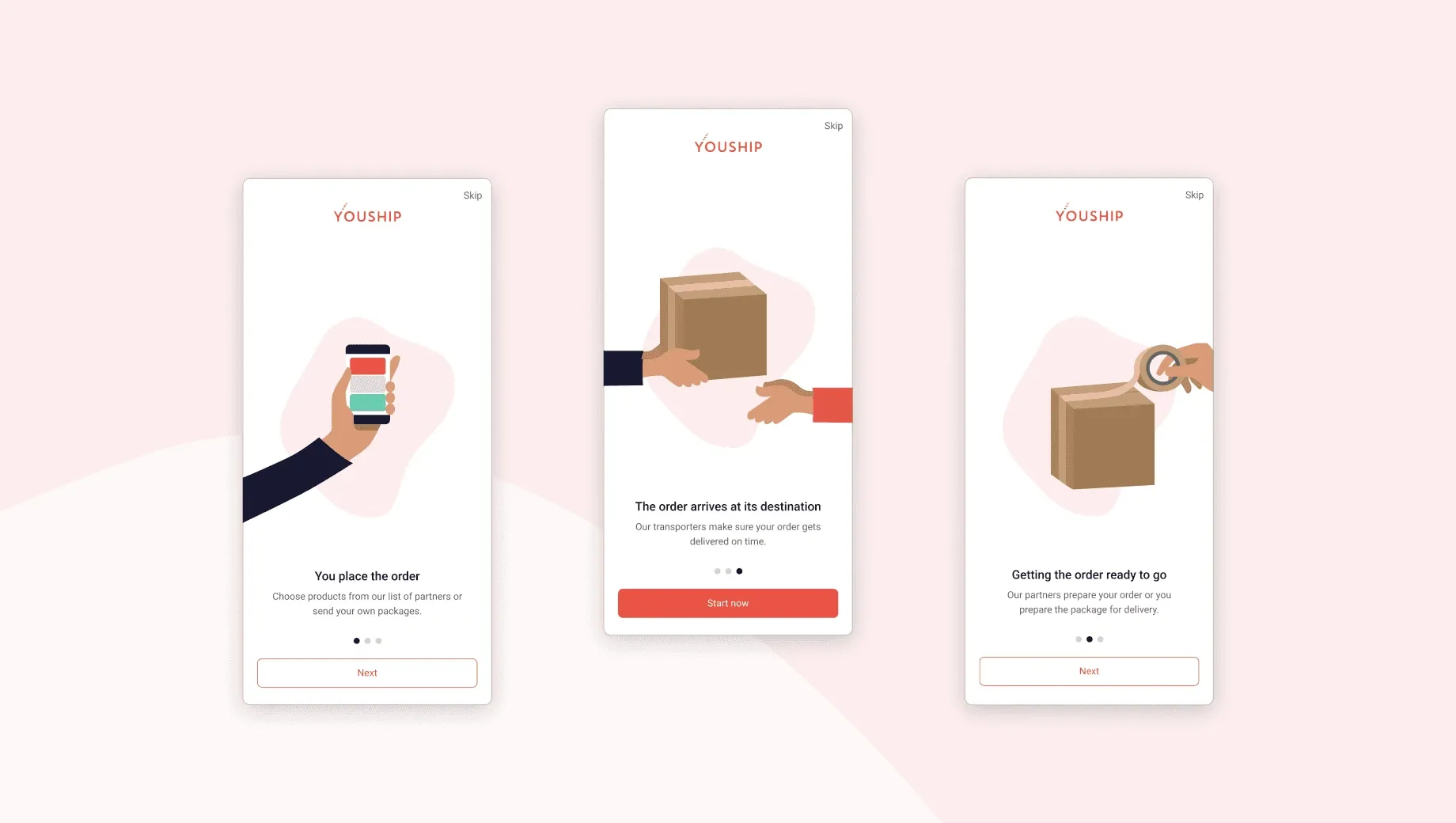 Three YouShip mobile app screens regarding the onboarding process. With simple illustrations, they show order placement, delivery handoff, and order prep in a clean design.