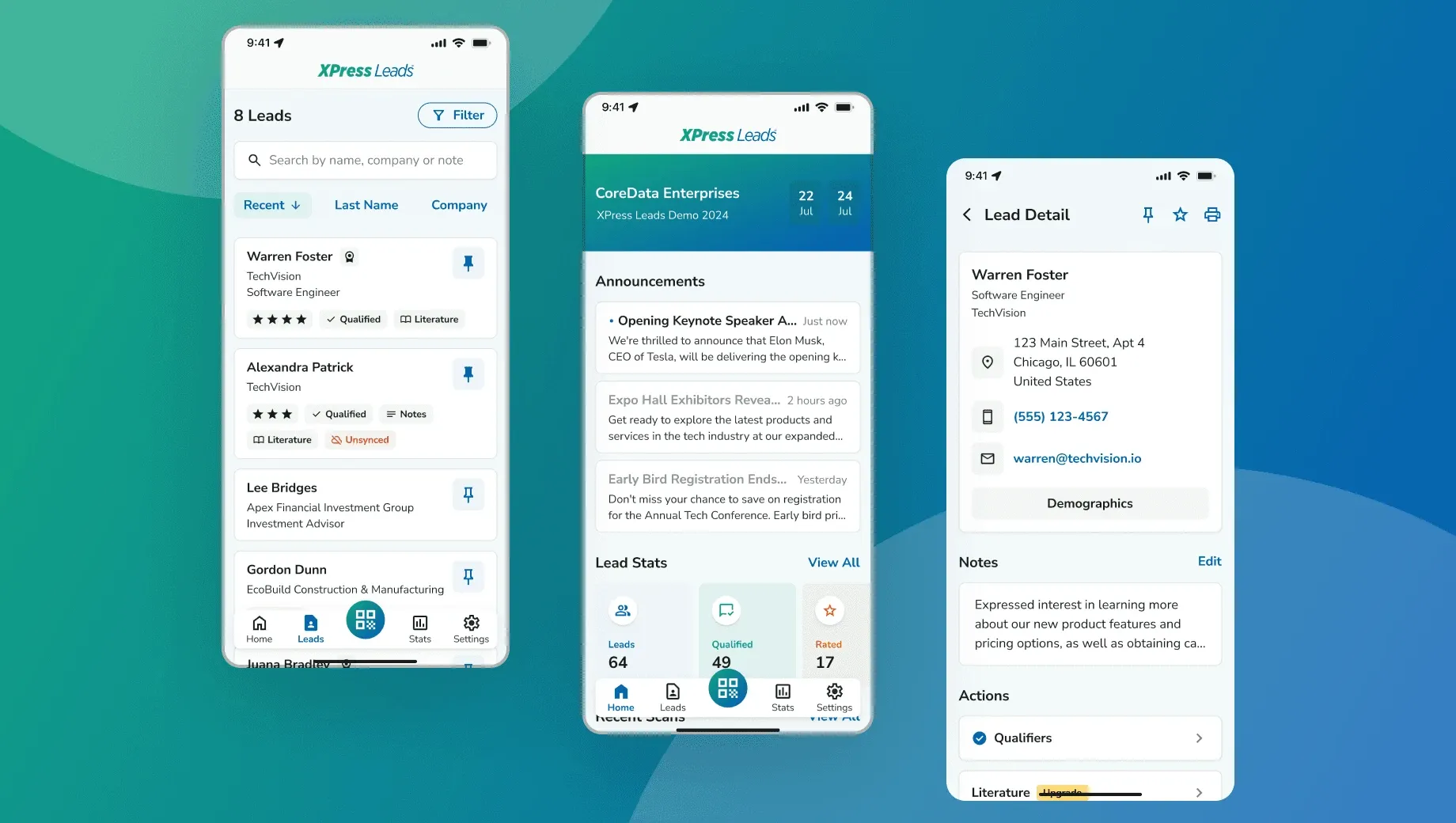Three smartphones showing the XPress Leads app: contacts, announcements, and detailed contact info on a blue-green background.