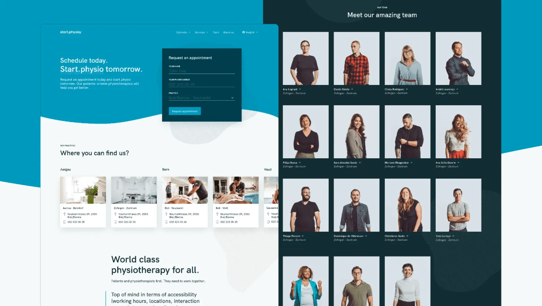 Start.Physio website with booking section and location info on blue/white left side, and smiling team grid on dark right side.