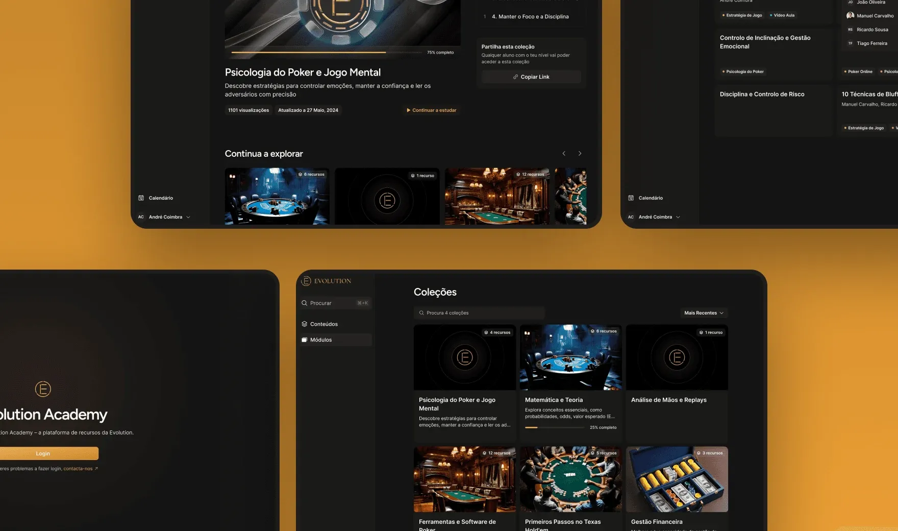 Evolution Academy app showing poker psychology courses, sign-in page, and strategy and analysis sections.