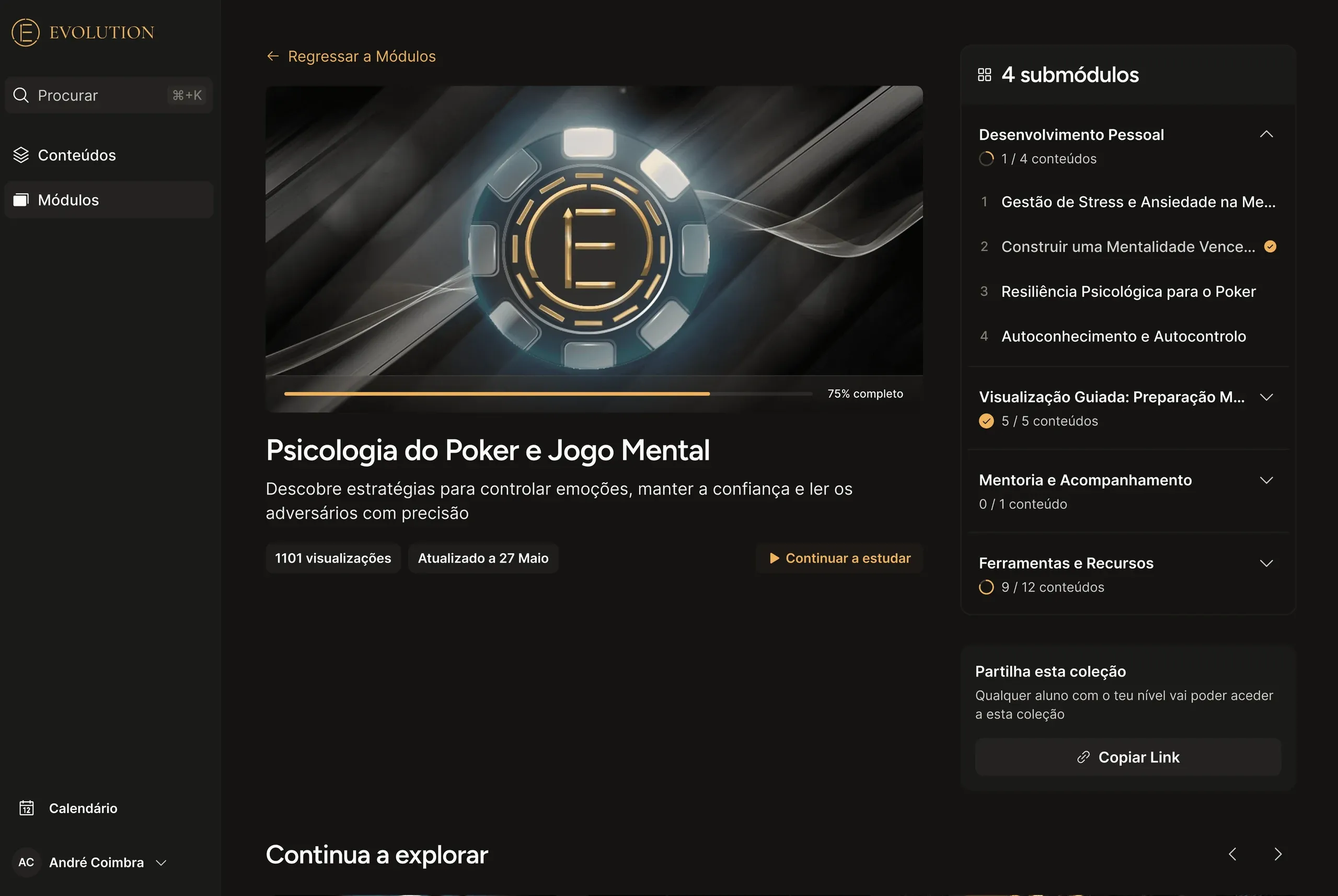 Evolution Academy collection page for "Psicologia do Poker e Jogo Mental", with its progress and sub-modules