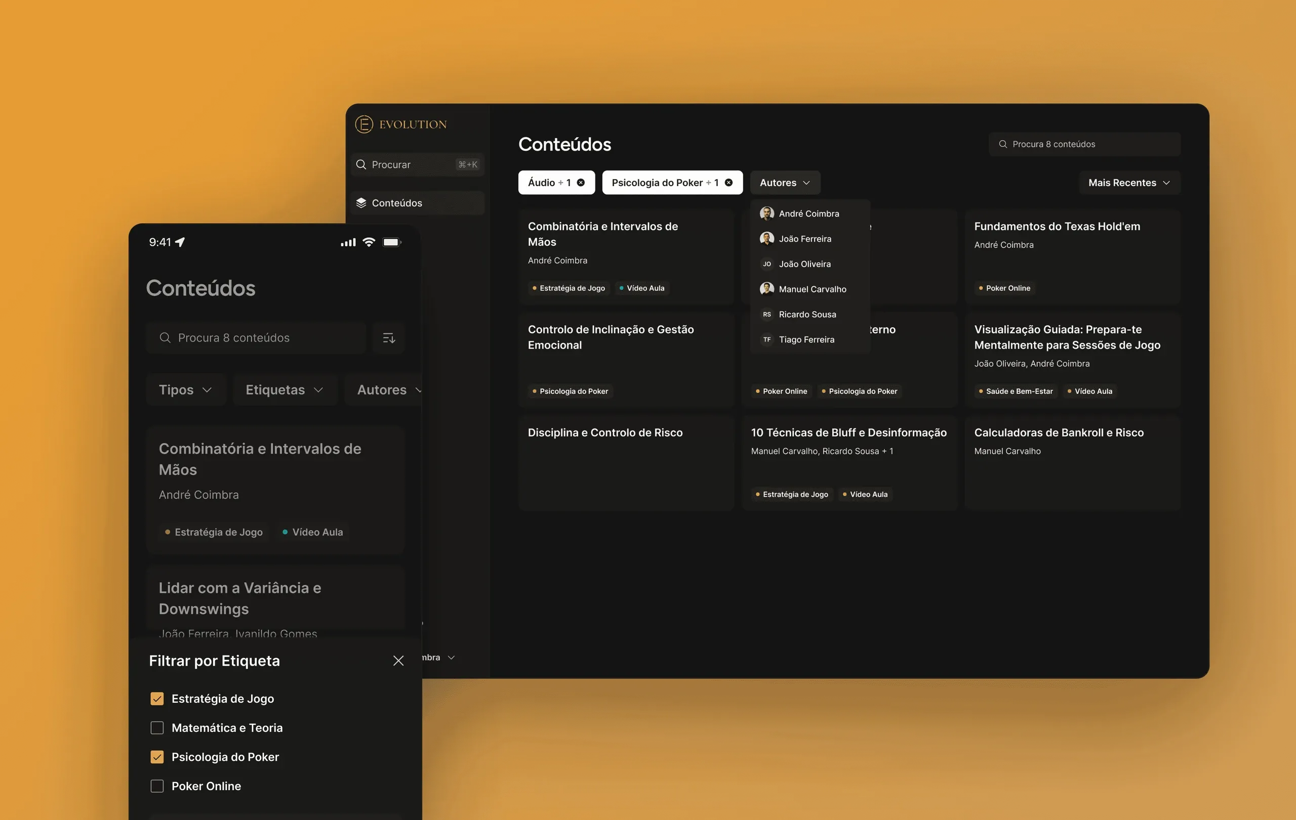 Evolution Academy content library on desktop and mobile, with filters by type, tag and author