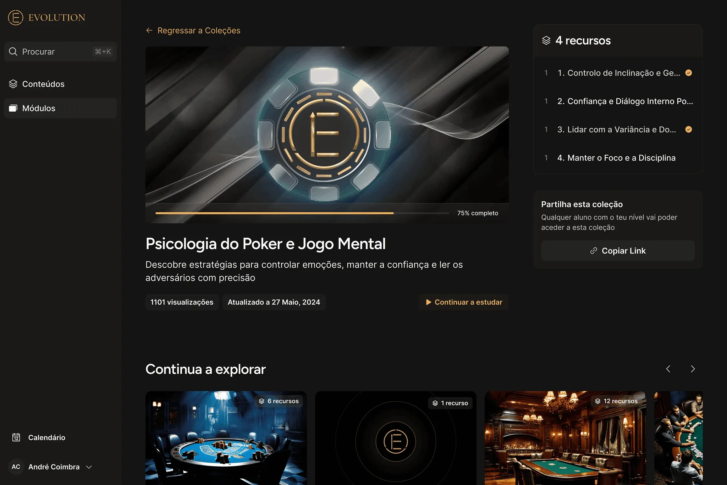 Evolution Academy desktop app showing the "Psicologia do Poker e Jogo Mental" collection with its progress bar and list of resources