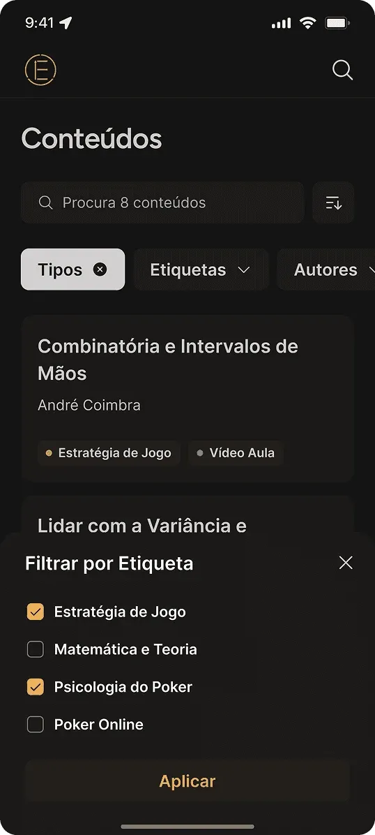 Evolution Academy mobile content list with the tag filter open