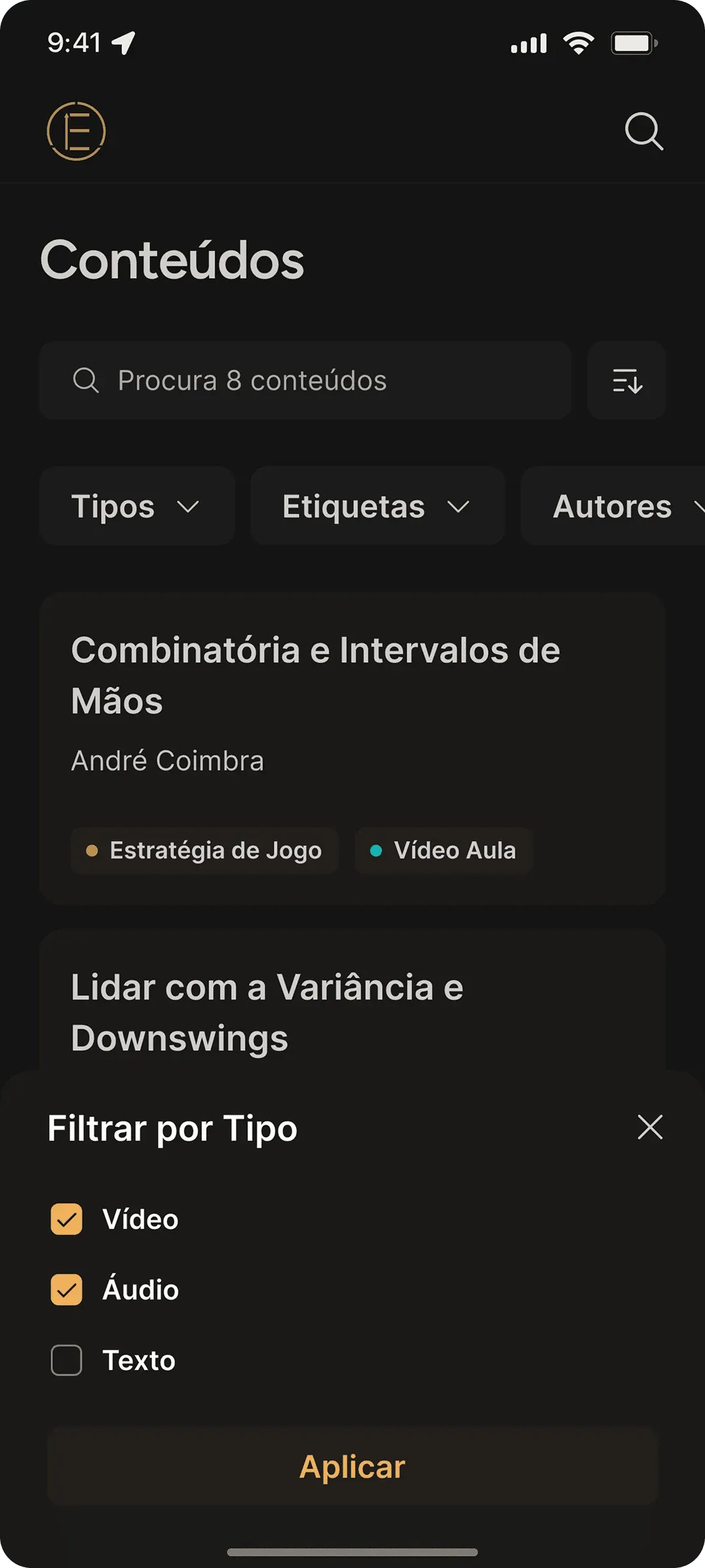 Evolution Academy mobile content list with the type filter open
