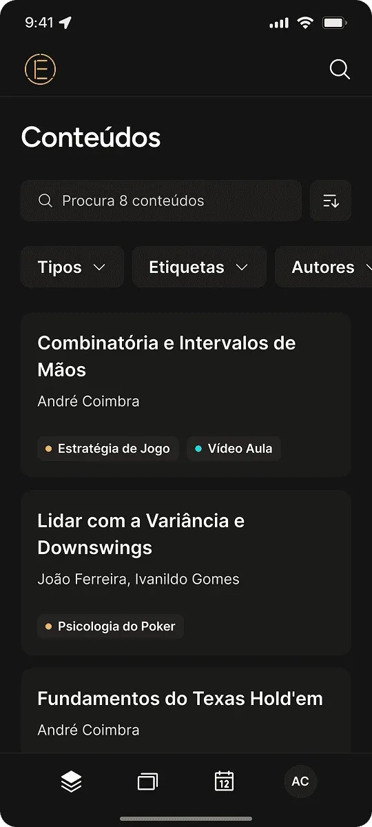 Evolution Academy mobile content list with type, tag and author filters