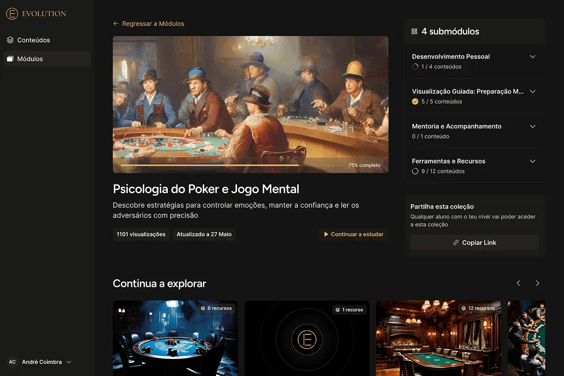 Evolution learning platform showing the course "Psicologia do Poker e Jogo Mental" at 75% complete, with a module list sidebar and related course recommendations below.