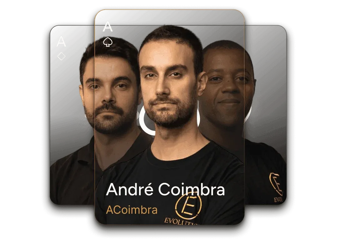 Evolution Poker head coach card for André Coimbra, in front of two other coaches