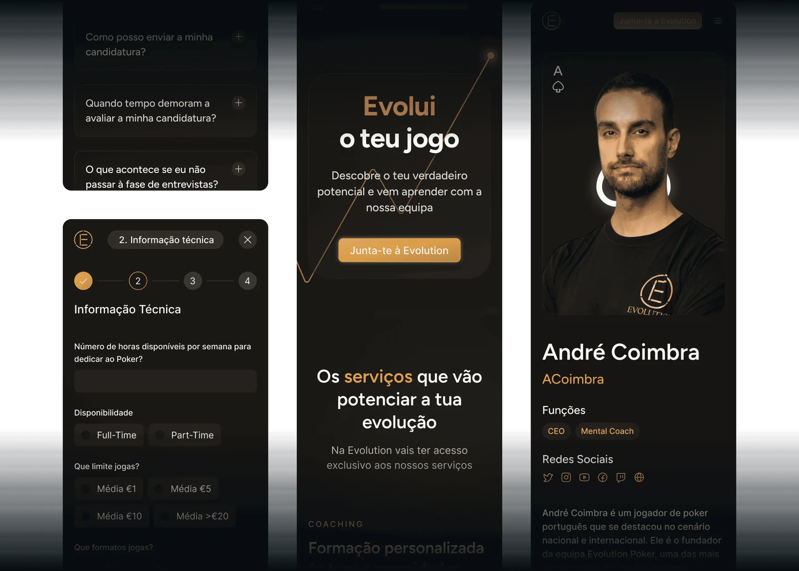 Evolution Poker mobile screens: FAQ, application form, homepage hero, services and a coach profile