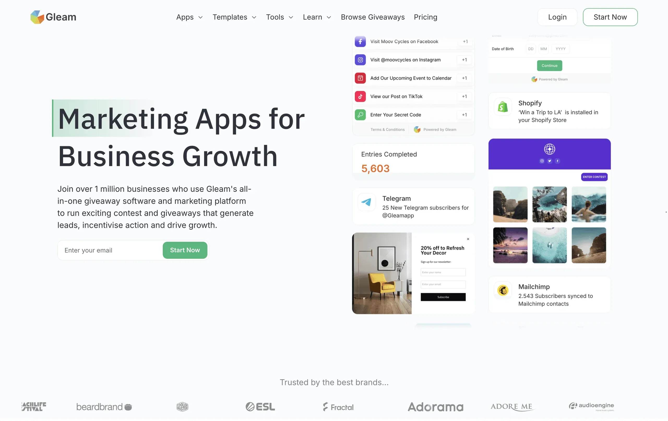 Gleam homepage hero, "Marketing Apps for Business Growth", with app widgets and client logos