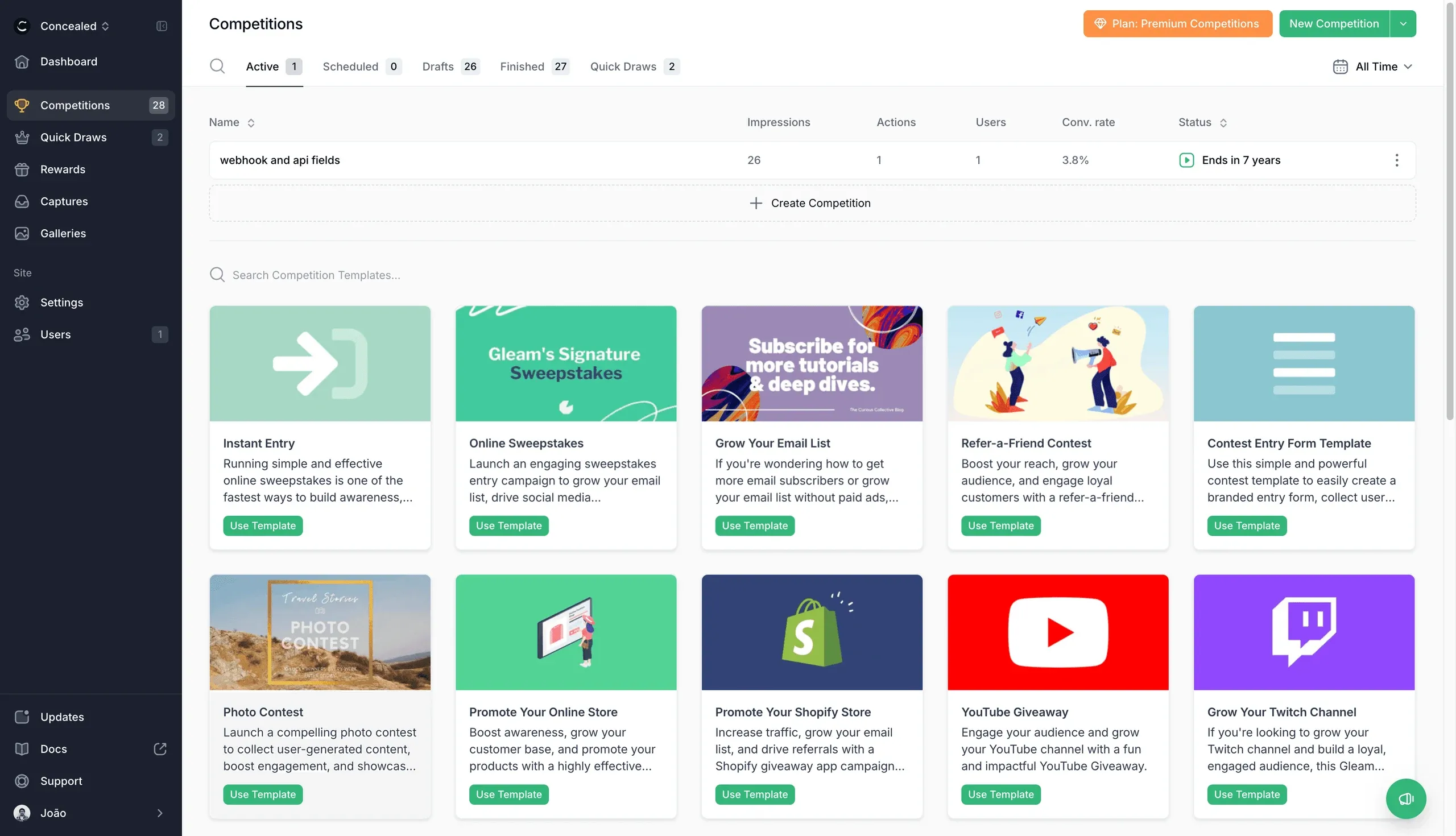 Gleam dashboard: the competitions list and a gallery of competition templates