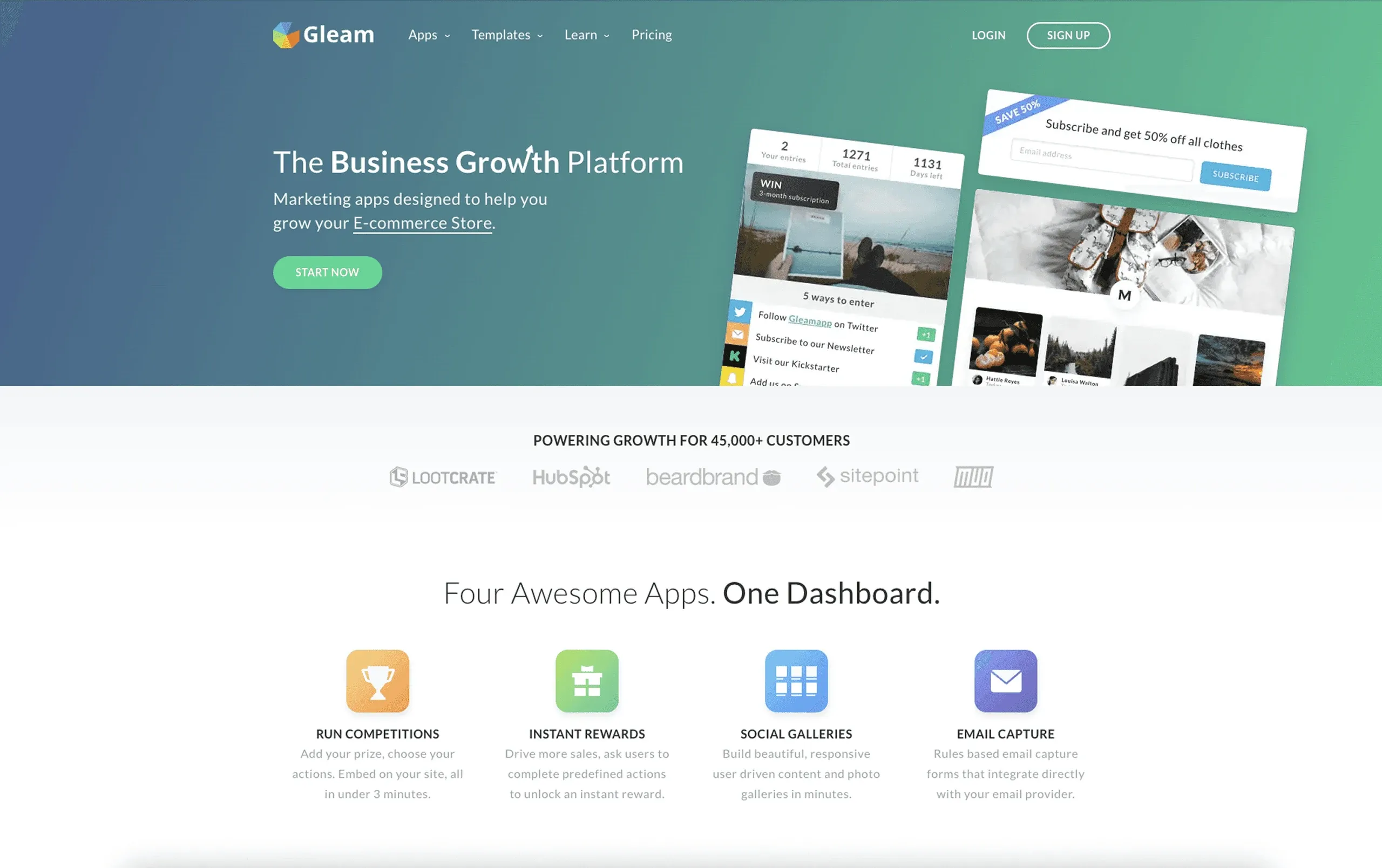 Gleam homepage before the redesign, "The Business Growth Platform", with its four apps