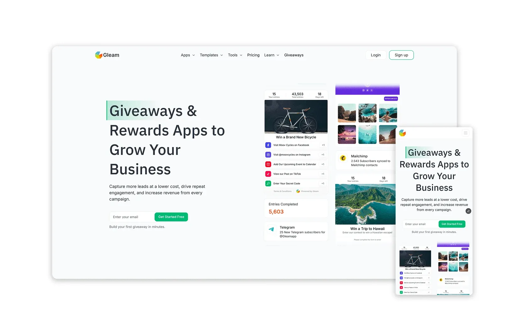 Desktop and mobile mockup of the Gleam homepage on a white background, with the headline "Giveaways & Rewards Apps to Grow Your Business", an email signup form, and a live giveaway widget showing a bicycle prize, entry count, social action list, Mailchimp sync stats, and a second giveaway promoting a trip to Hawaii.