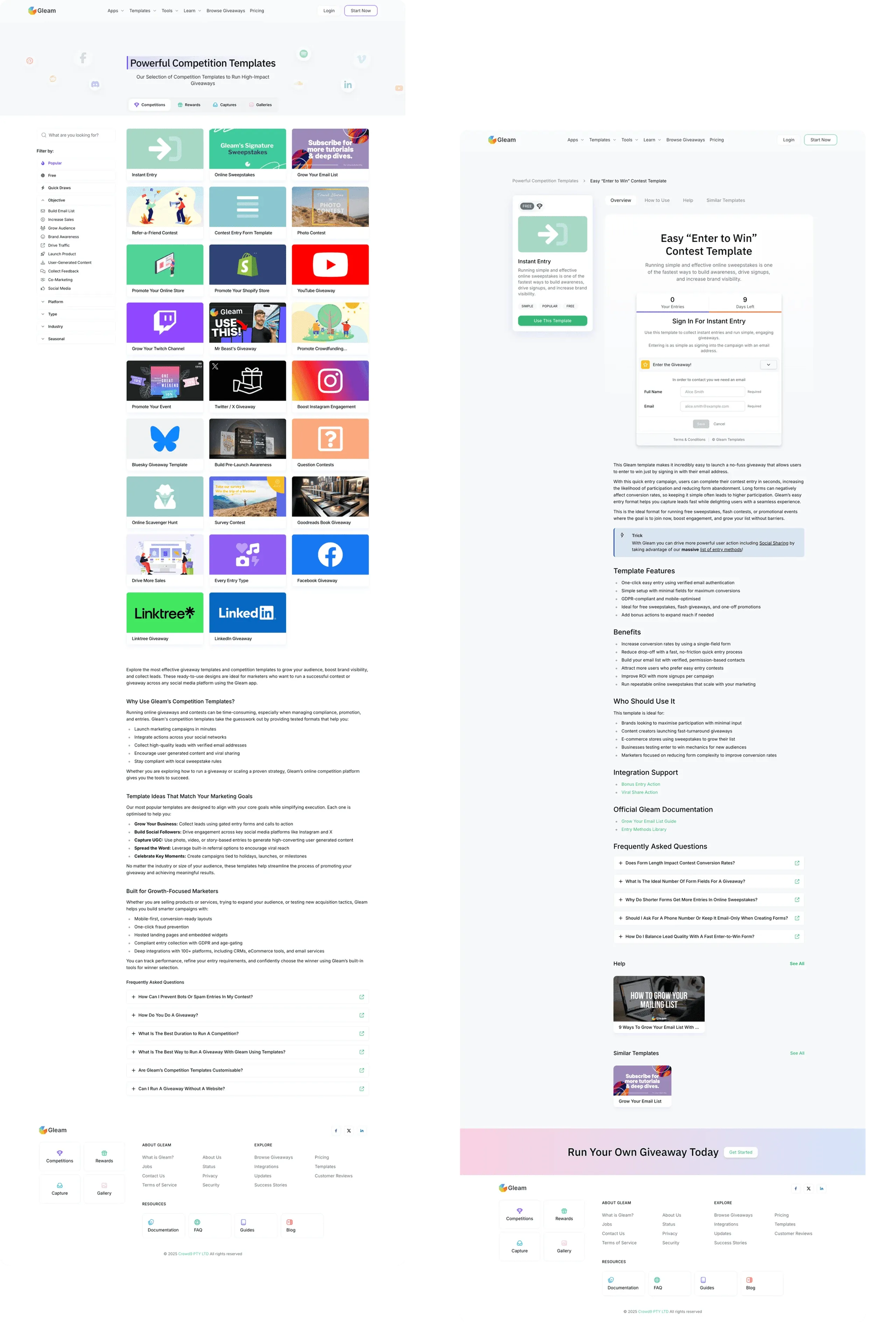 Gleam template pages: a template gallery and a template detail page