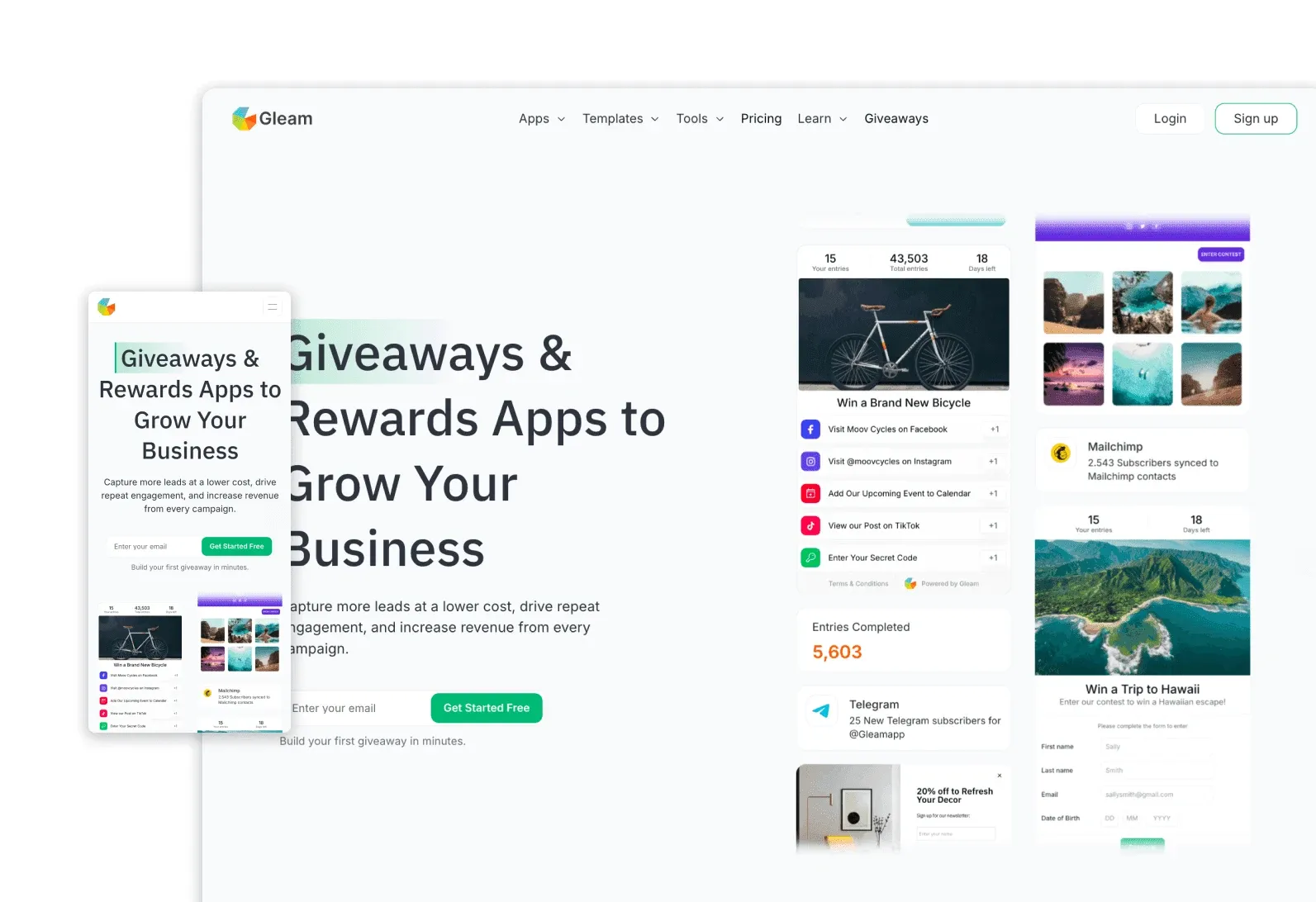 Desktop and mobile mockup of the Gleam homepage on a white background, with the headline "Giveaways & Rewards Apps to Grow Your Business", an email signup form, and a live giveaway widget showing a bicycle prize, entry count, social action list, Mailchimp sync stats, and a second giveaway promoting a trip to Hawaii.