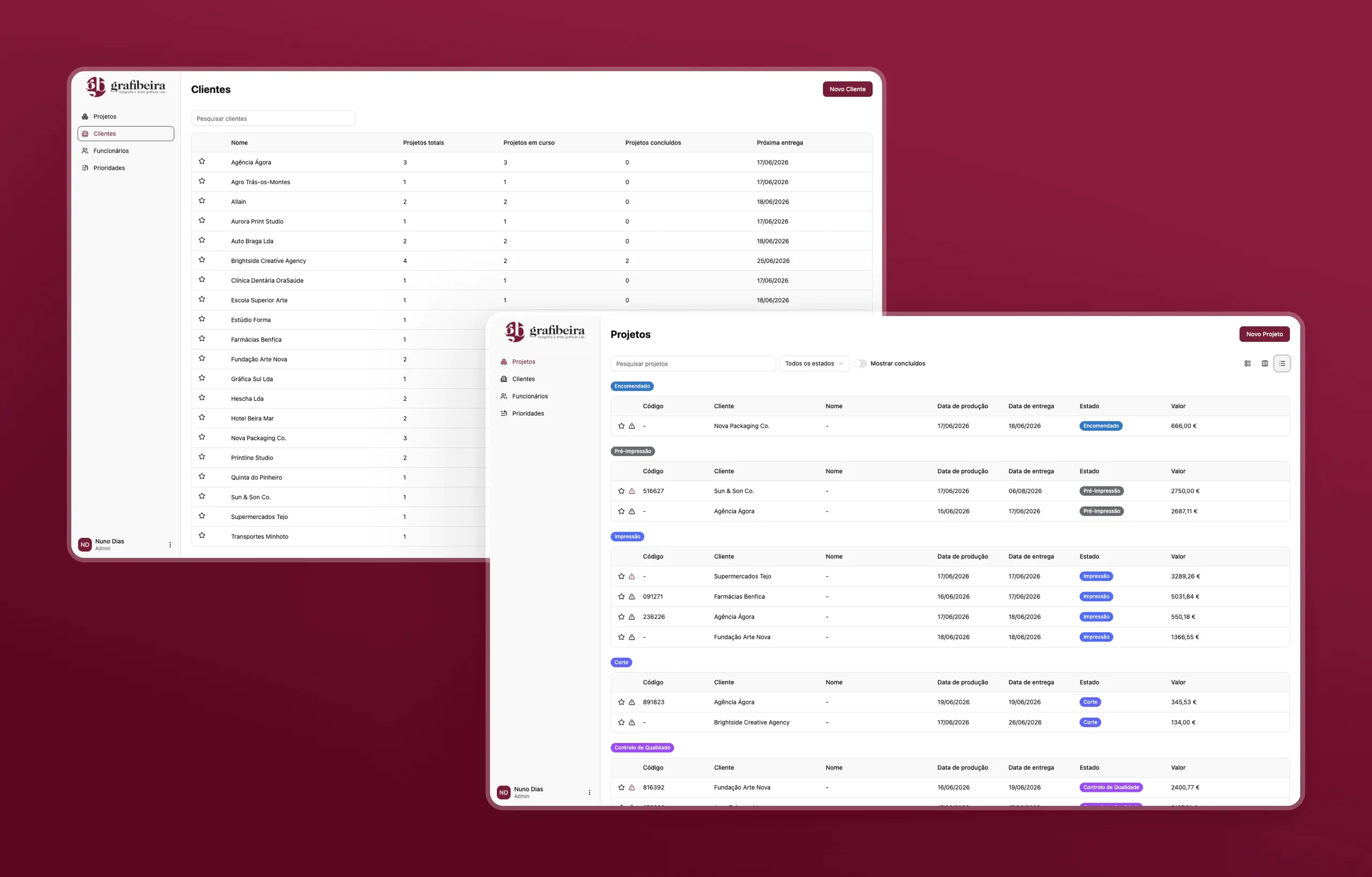 Grafibeira's client list and projects table on desktop