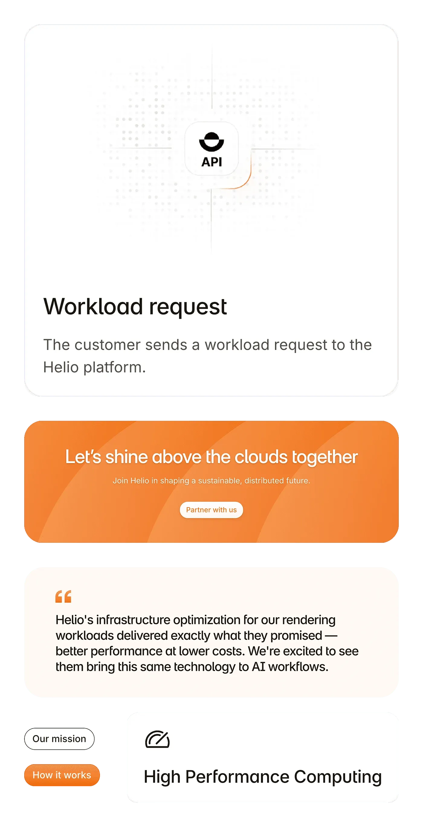 Helio Cloud components on mobile: a workload request card, a call to action and a quote