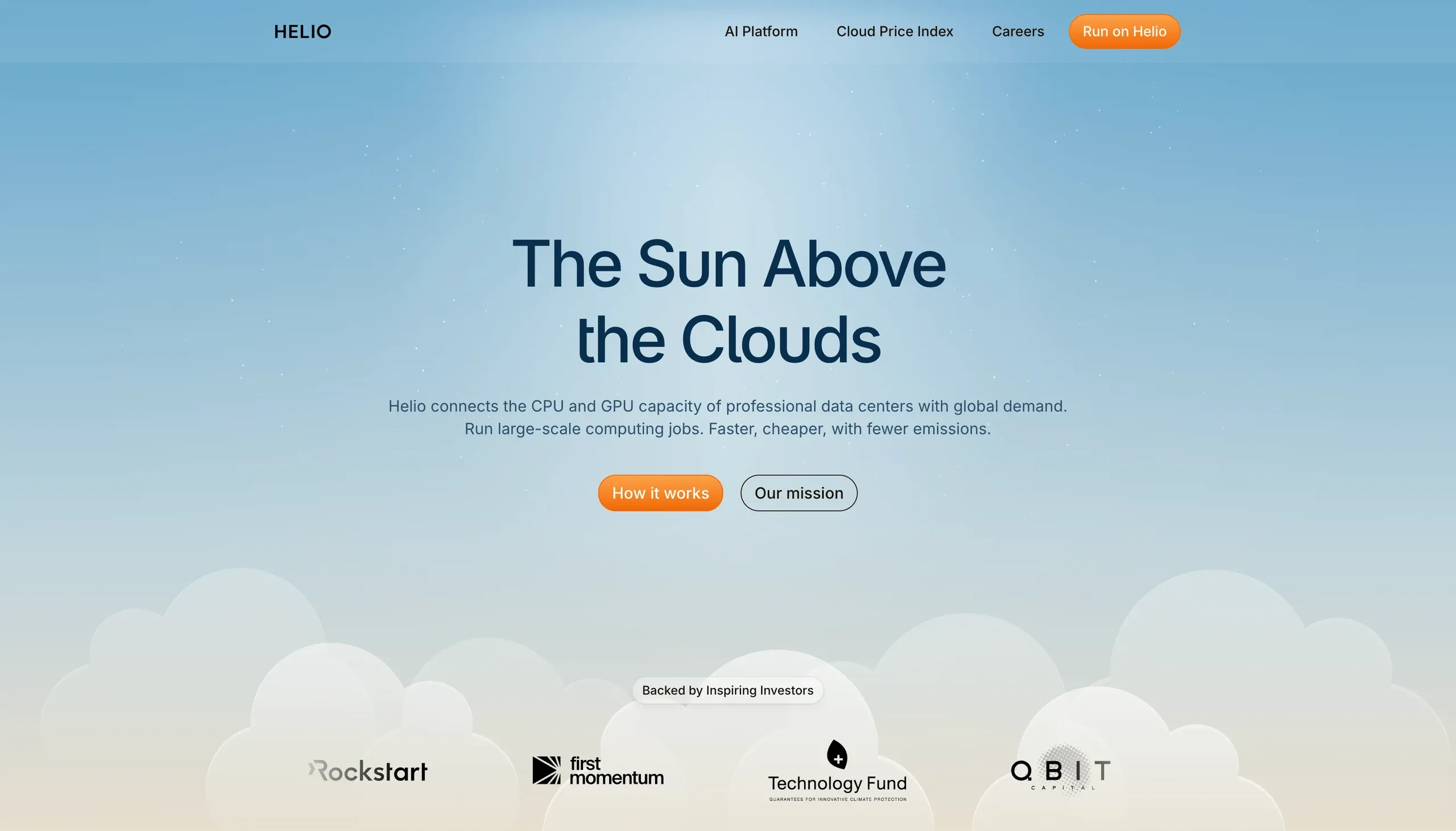 Helio Cloud homepage hero, "The Sun Above the Clouds", with investor logos