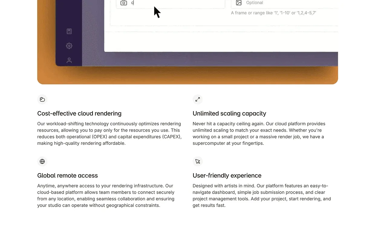 Helio Cloud features: cost-effective cloud rendering, unlimited scaling capacity, global remote access and a user-friendly experience