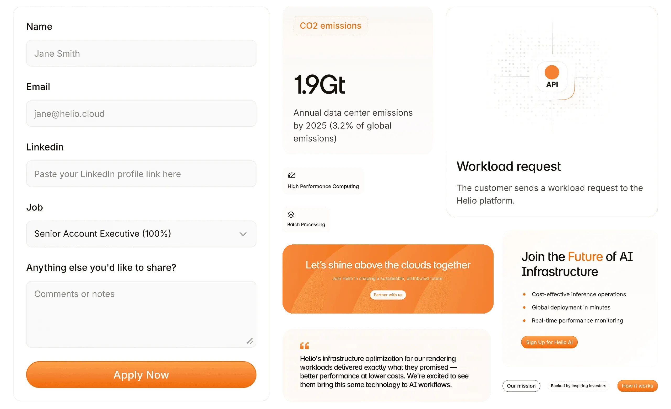 Helio Cloud interface components: an application form, a CO2 emissions stat, a workload request card and call-to-action cards