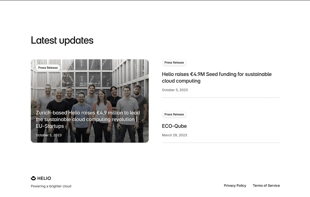 Helio Cloud "Latest updates" with press releases, including a team photo for the €4.9M seed funding news