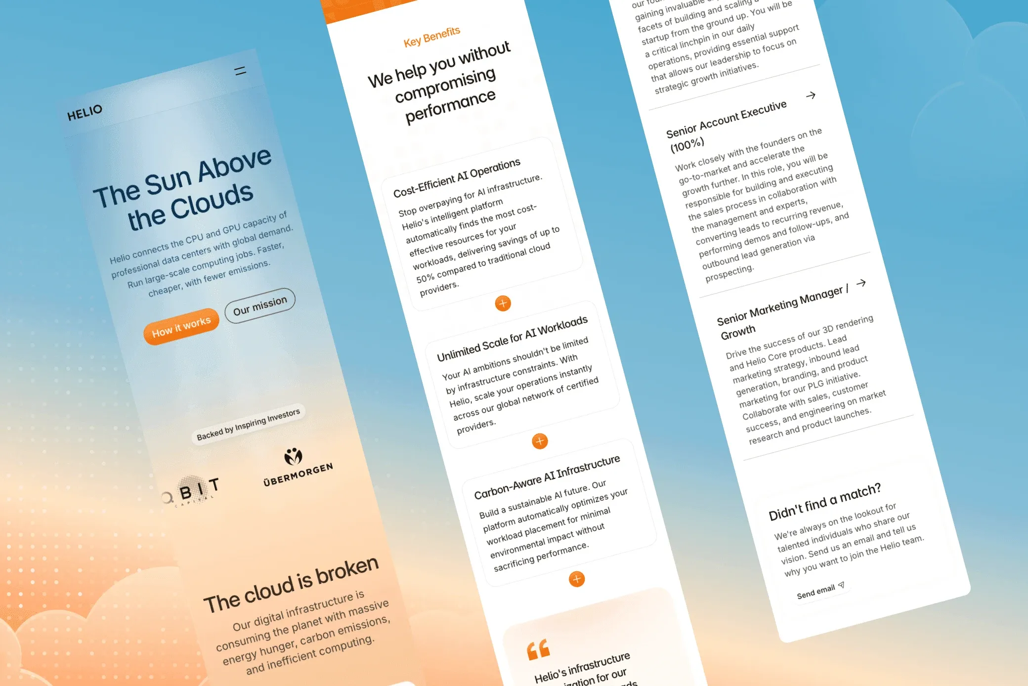 Helio Cloud mobile screens: the homepage hero, key benefits and open job positions