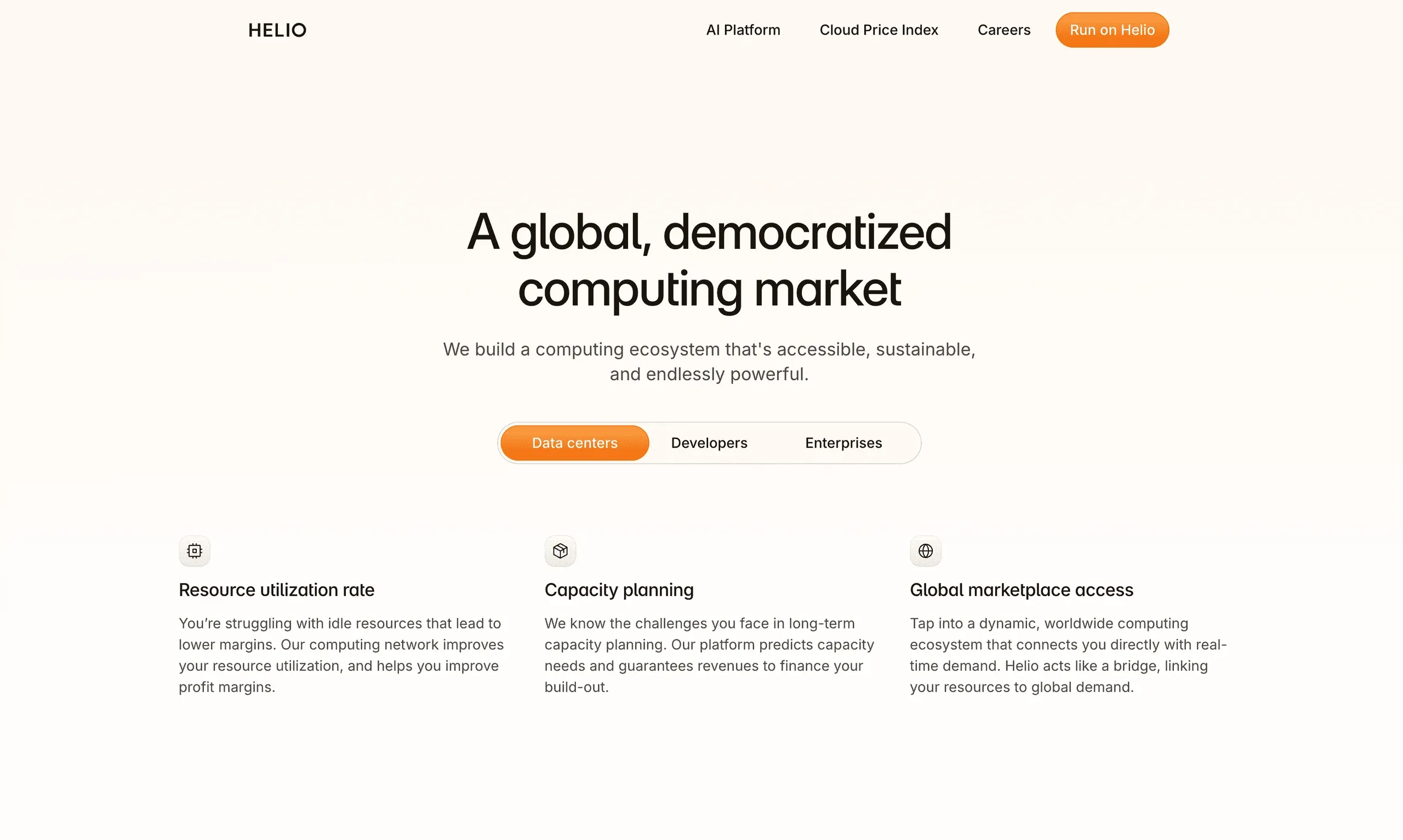 Helio Cloud page "A global, democratized computing market", with tabs for data centers, developers and enterprises