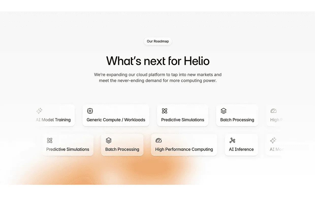 Helio Cloud roadmap section, "What's next for Helio", with upcoming workload types